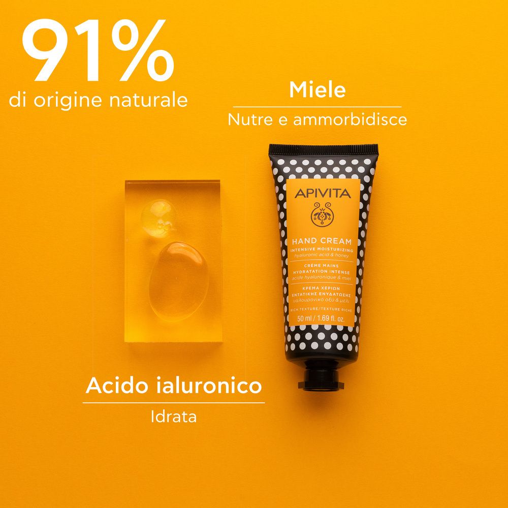 Tubo di crema a pois neri ed elementi miele e acido ialuronico. Testo: 91% di origine naturale.