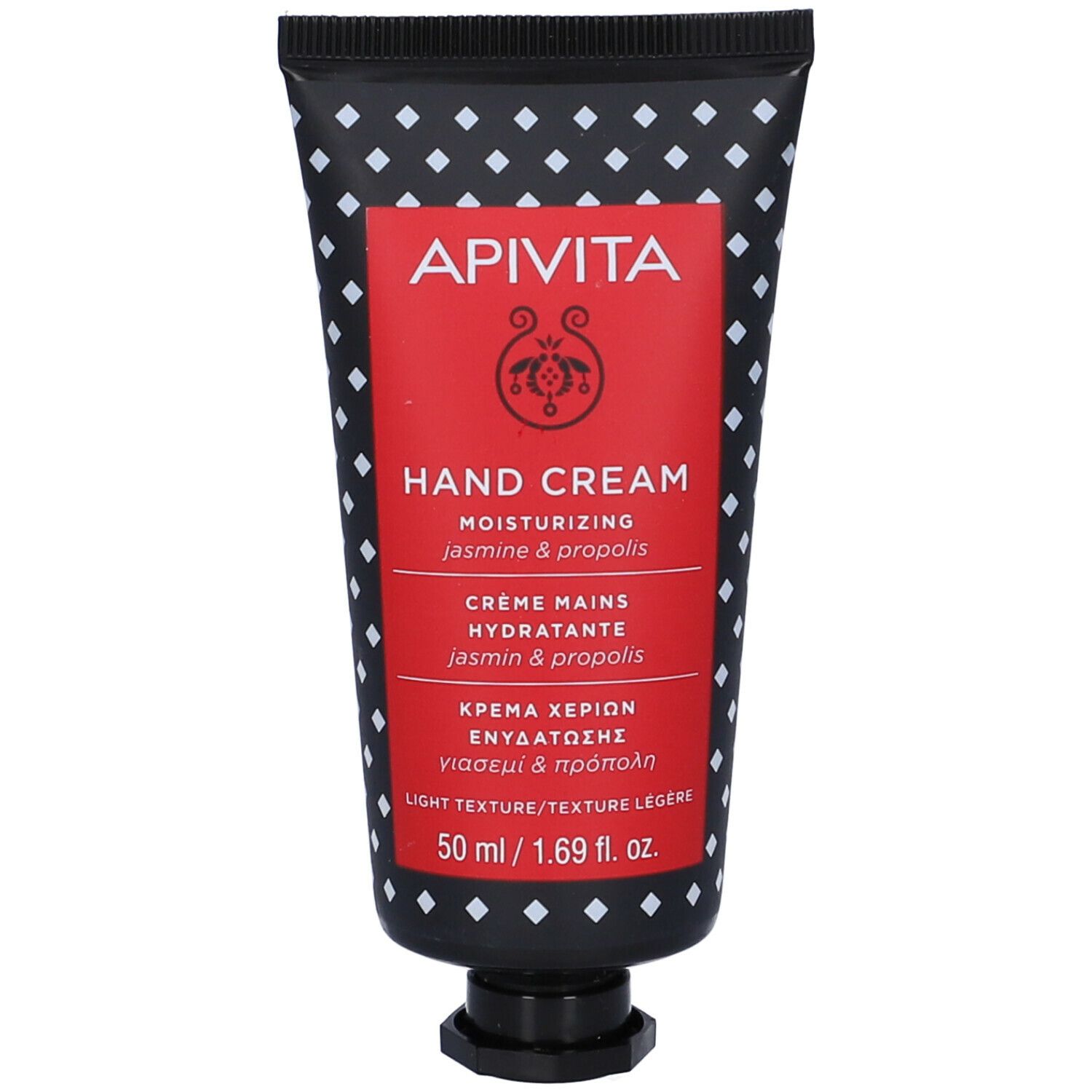 Tubo nero con etichetta rossa. Scritta: APIVITA, Hand Cream, Jasmine & propoli. 50 ml.