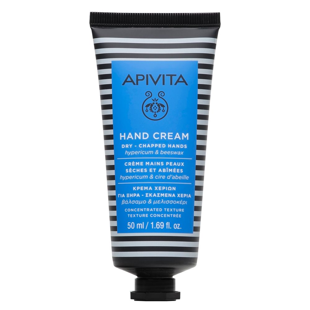 Tubo di crema mani con etichetta blu. Scritta: APIVITA, Hand Cream, per mani secche e screpolate. 50 ml.