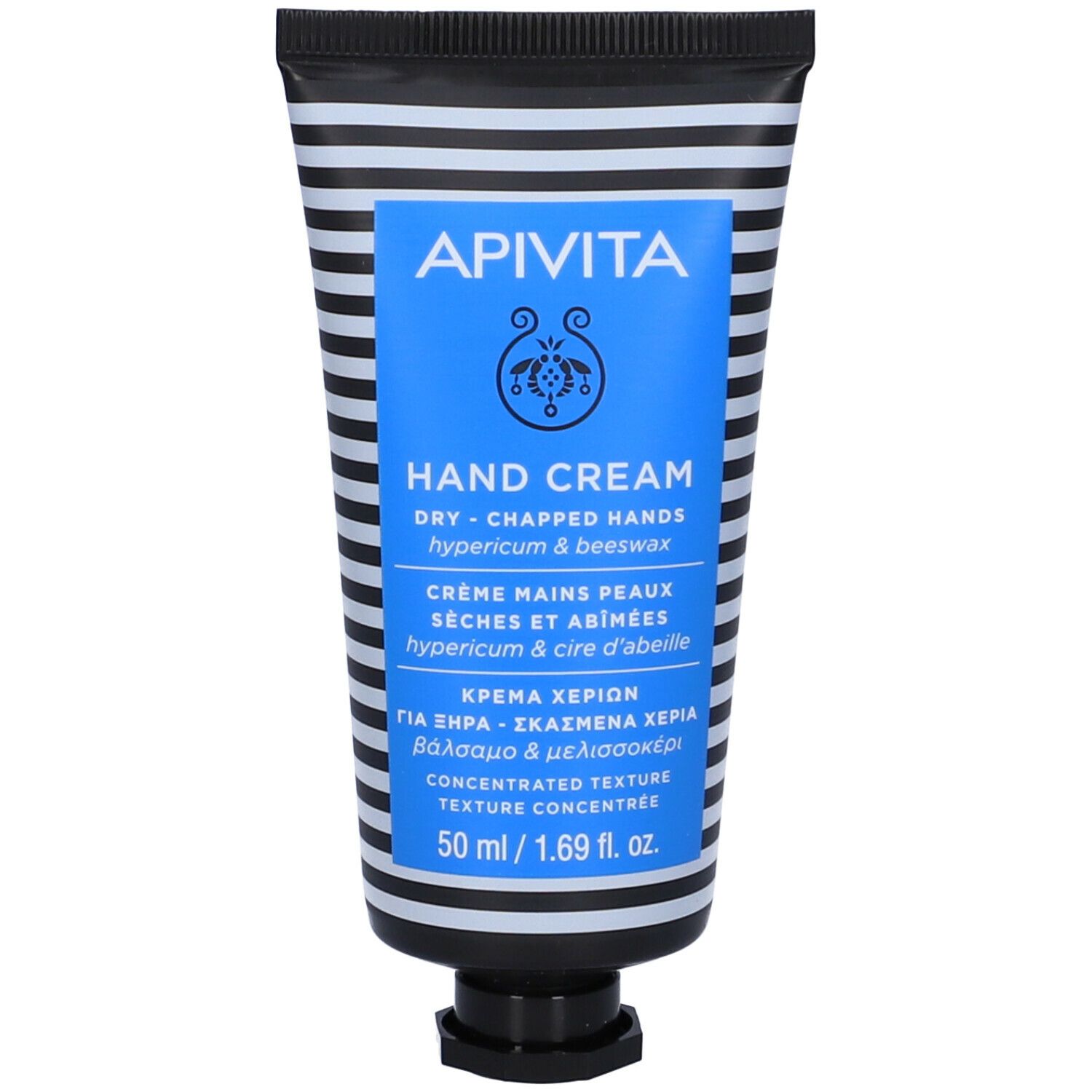 Tubo di crema mani con etichetta blu. Scritta: APIVITA, Hand Cream, per mani secche e screpolate. 50 ml.