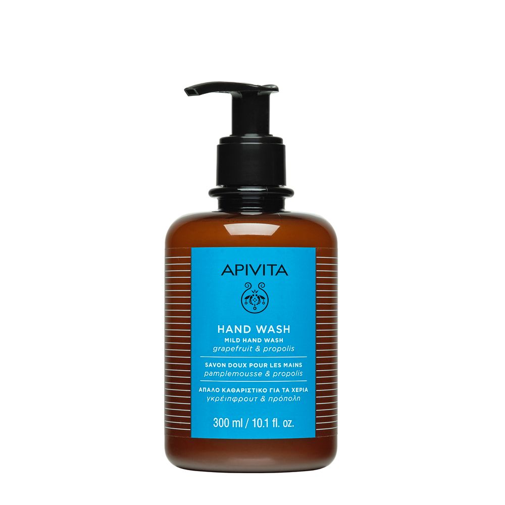 Flacone marrone con dosatore nero. Scritta: APIVITA, Hand Wash, 300 ml.