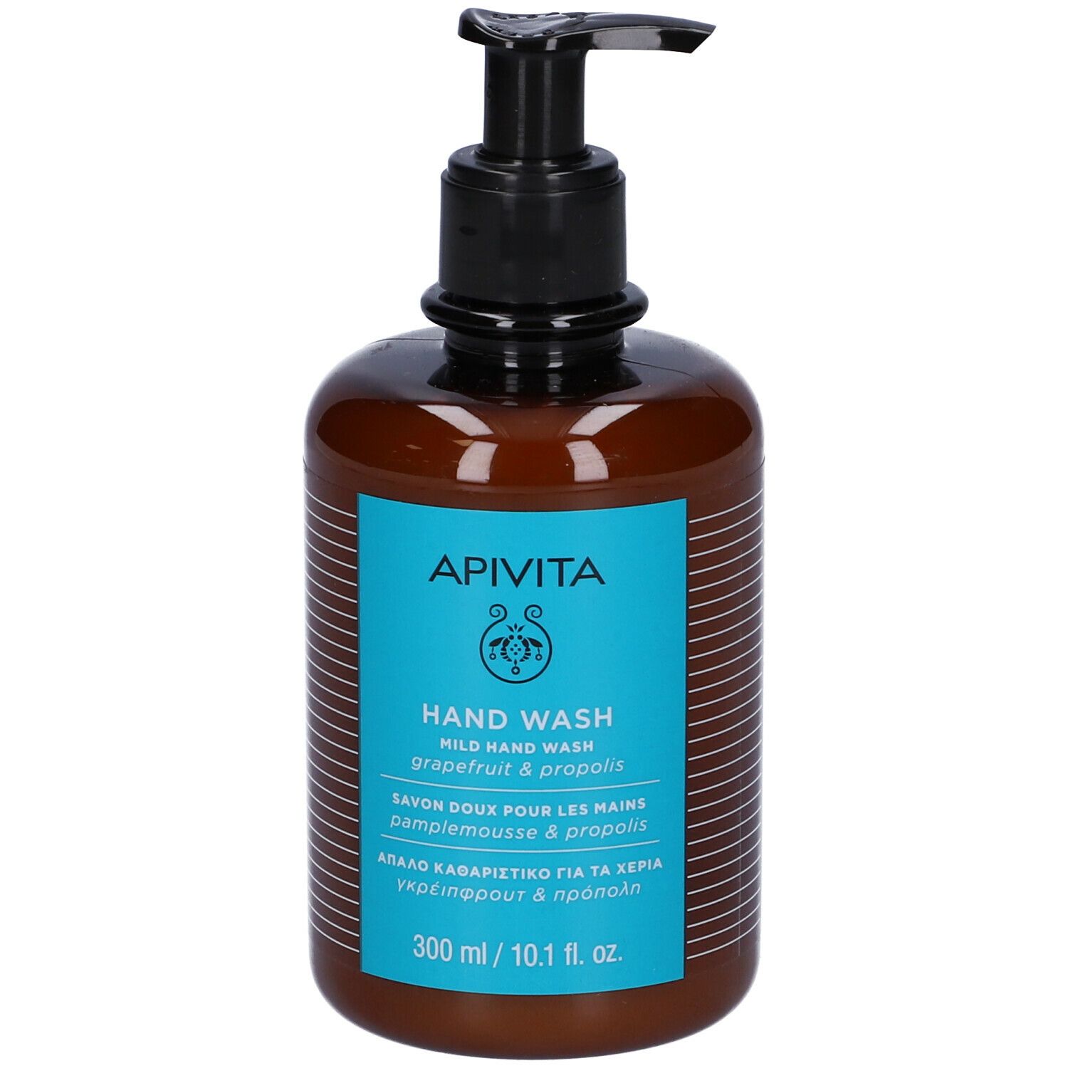 Flacone marrone con dosatore nero. Scritta: APIVITA, Hand Wash, 300 ml.