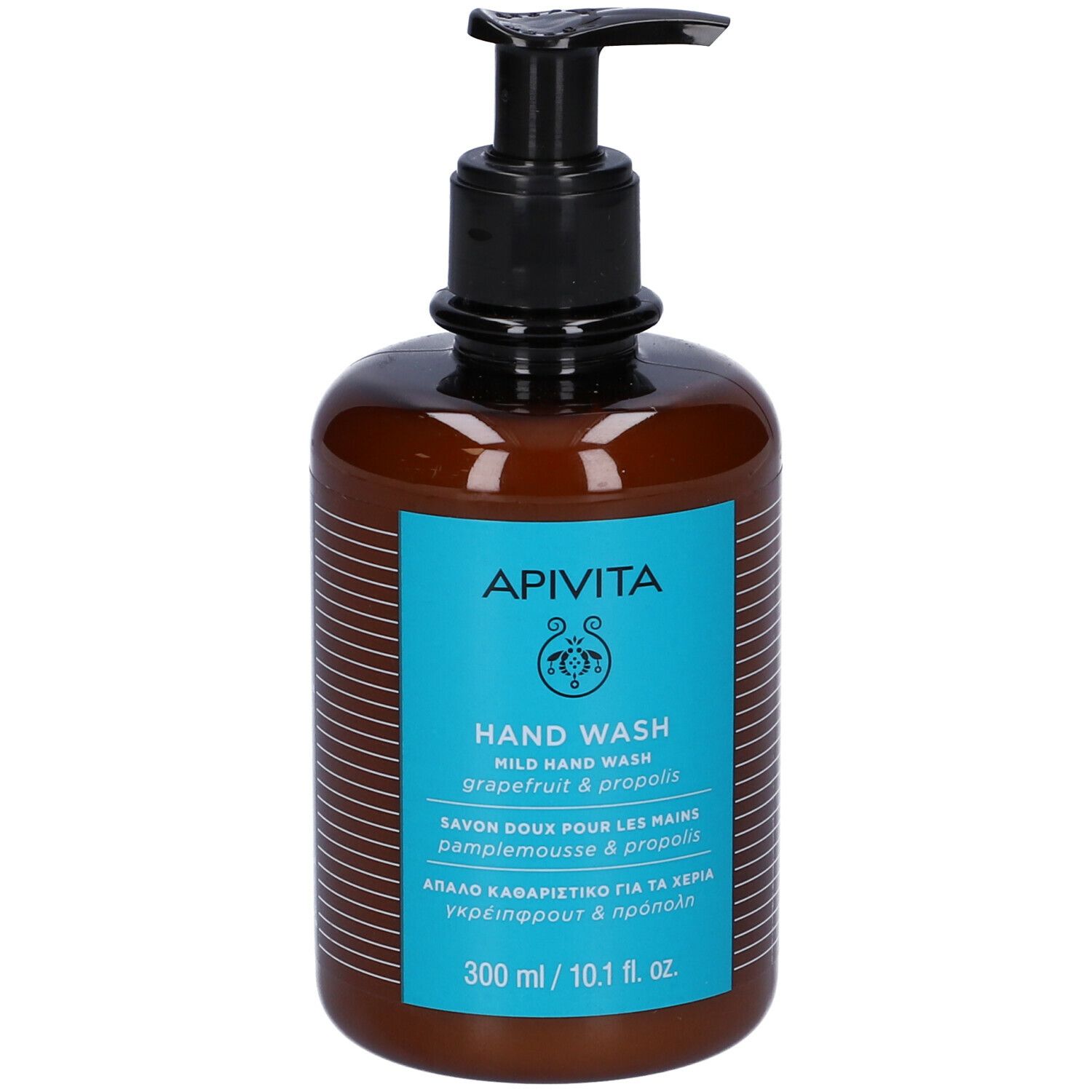 Flacone marrone con dosatore nero. Scritta: APIVITA, Hand Wash, 300 ml.