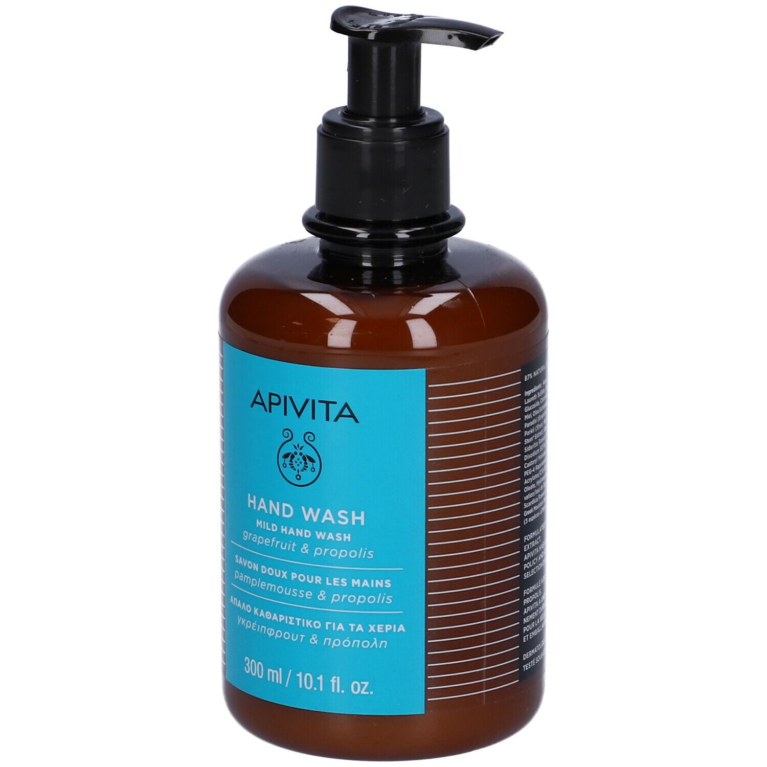 Flacone marrone con dosatore nero. Scritta: APIVITA, Hand Wash, 300 ml.