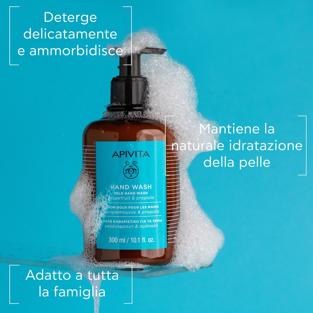 Flacone marrone con schiuma. Testo: APIVITA, Hand Wash. Testi: Deterge, idrata, per tutta la famiglia.