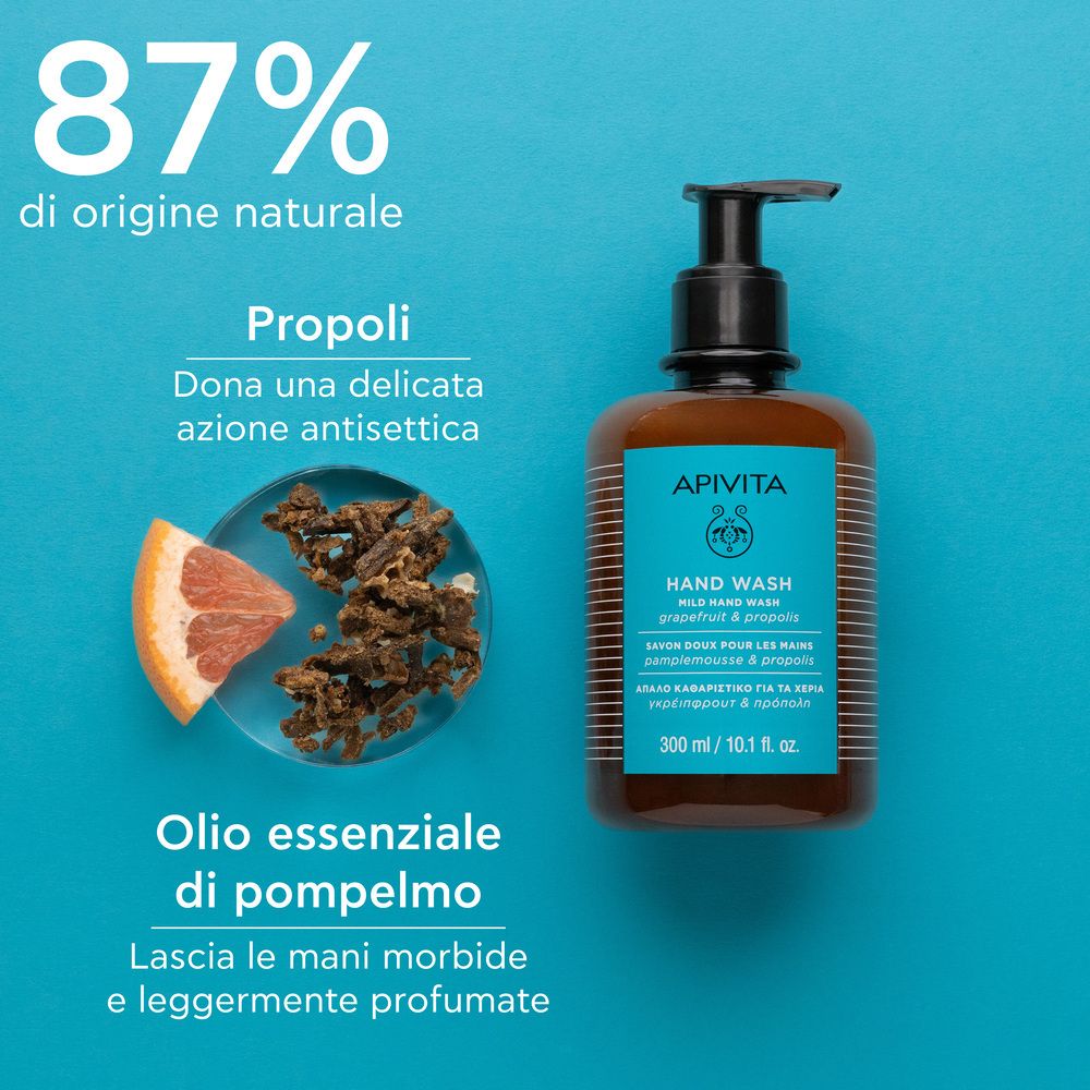 Flacone e ingredienti. Testo: 87% ingredienti naturali. Propoli, olio di pompelmo. Mani morbide.