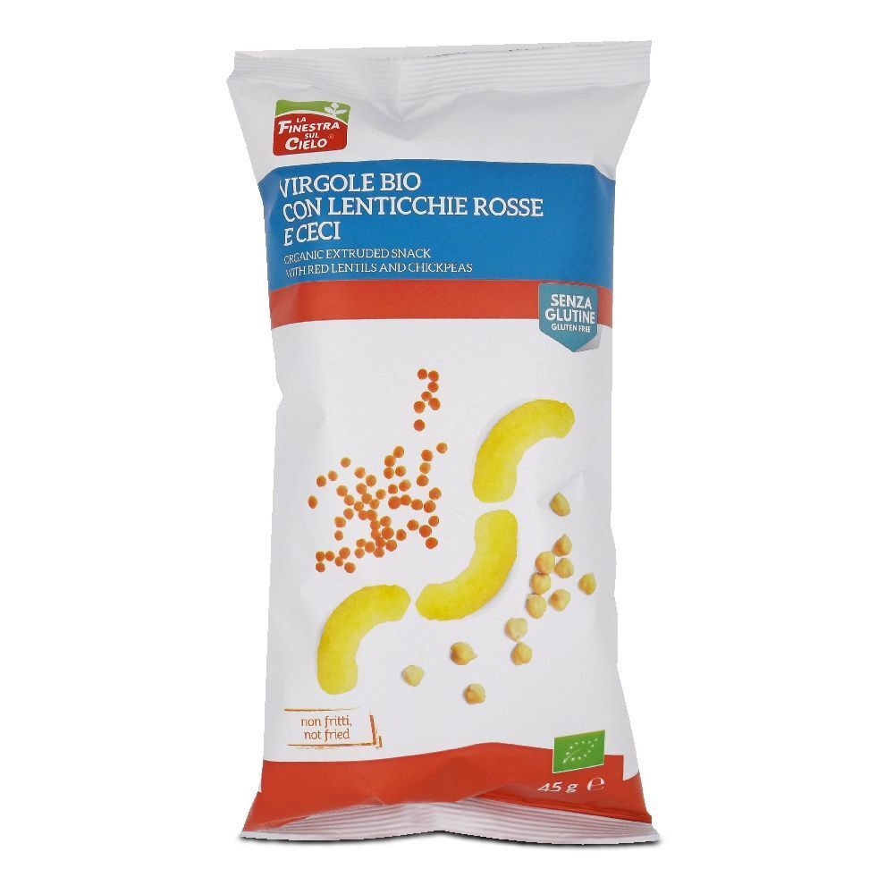 Confezione di Snack Cornetti Lenticc Ro/Ceci. Scritta: 'Virgole Bio con Lenticchie Rosse e Ceci'. Senza glutine.