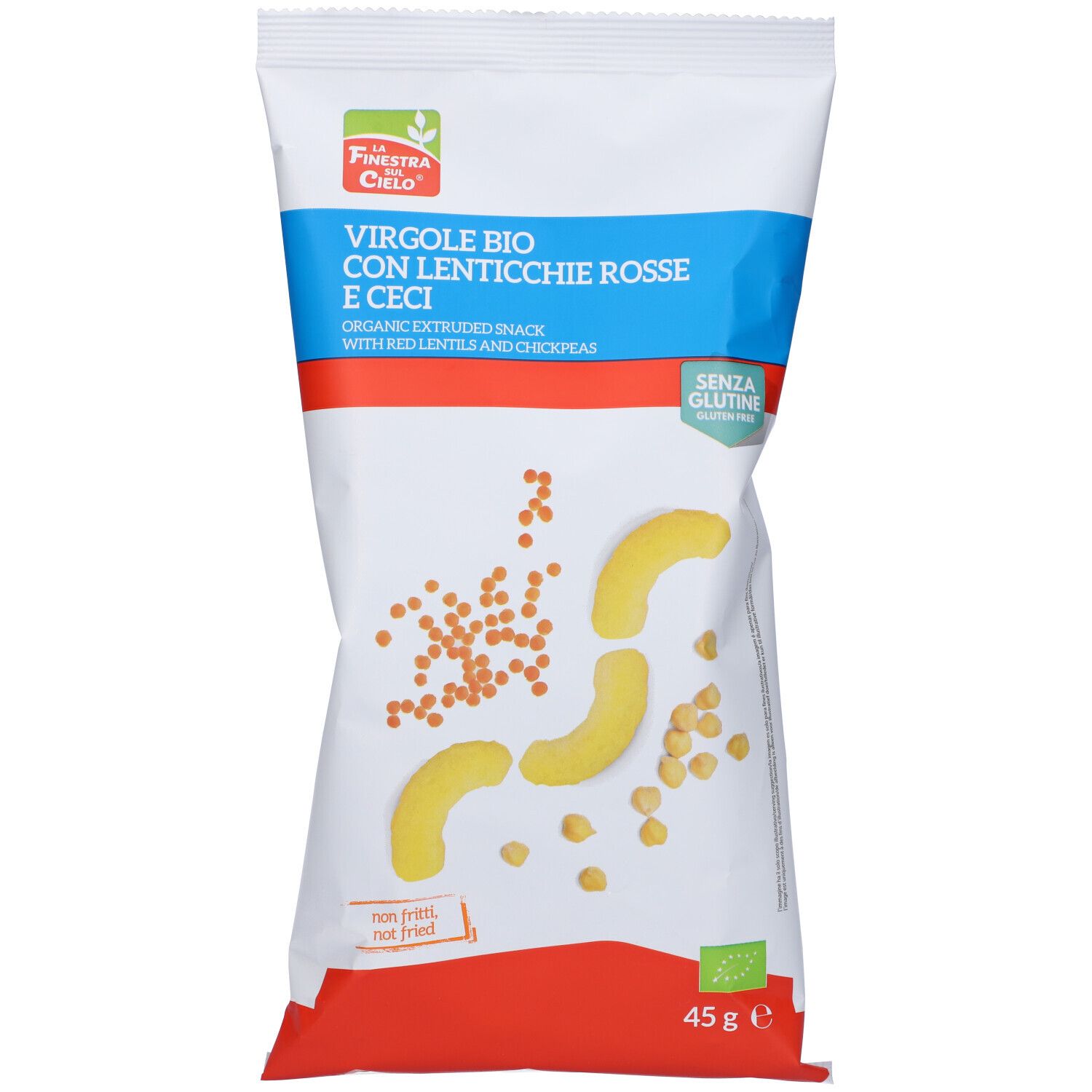 Confezione di Snack Cornetti Lenticc Ro/Ceci. Scritta: 'Virgole Bio con Lenticchie Rosse e Ceci'. Senza glutine.