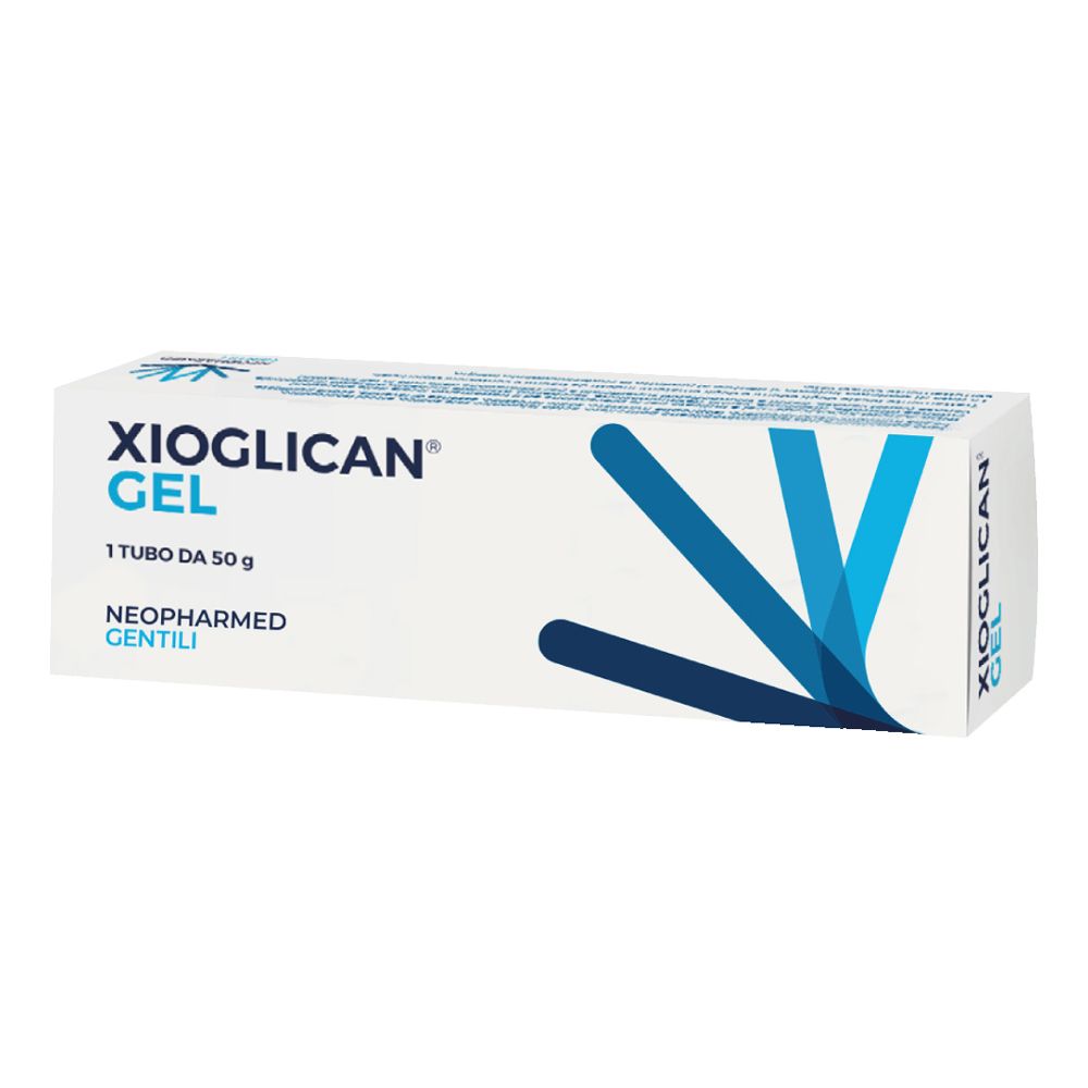 Scatola bianca con logo e testo blu. Contiene Xioglican Gel, 50 g. Marchio Neopharmed Gentili.
