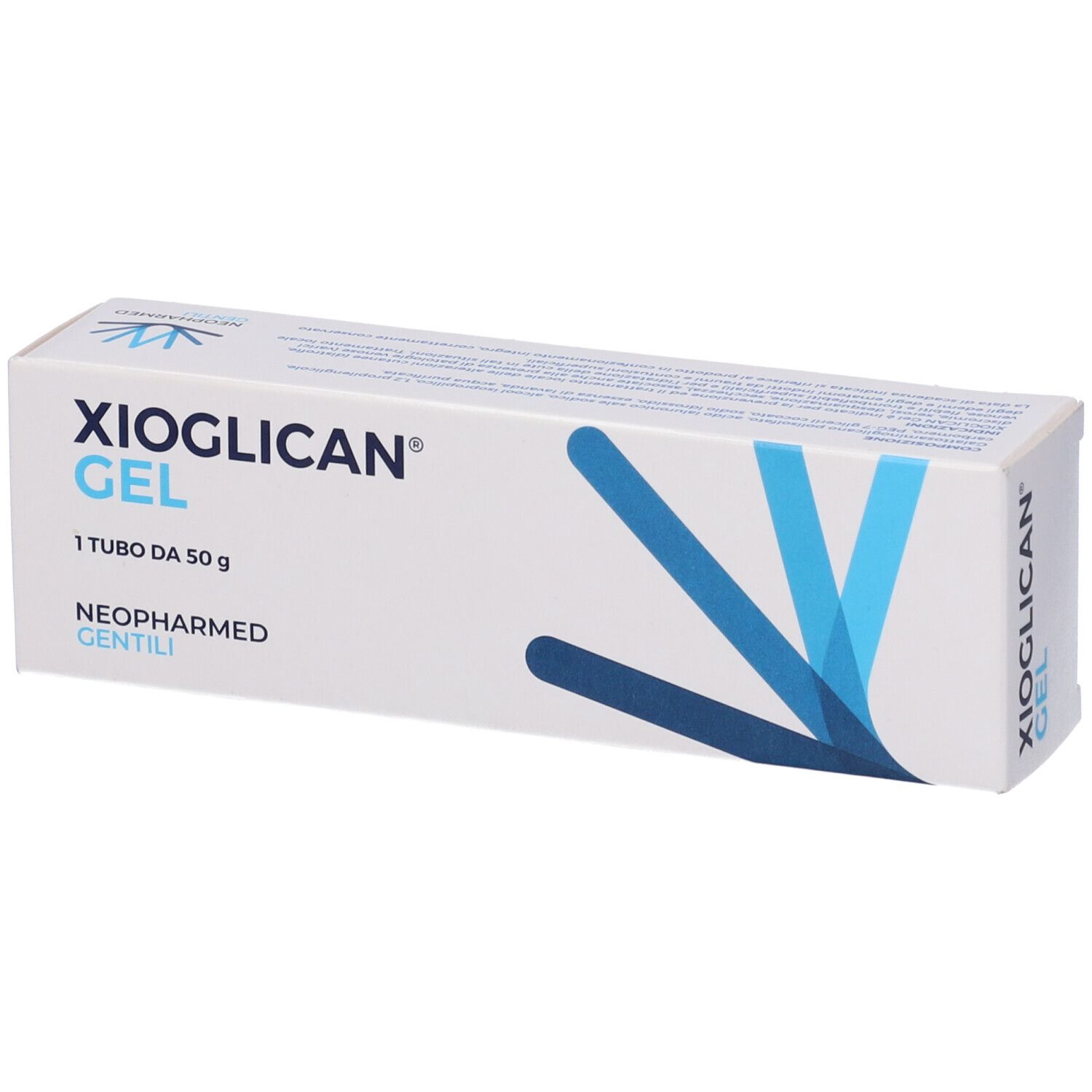 Scatola bianca con logo e testo blu. Contiene Xioglican Gel, 50 g. Marchio Neopharmed Gentili.