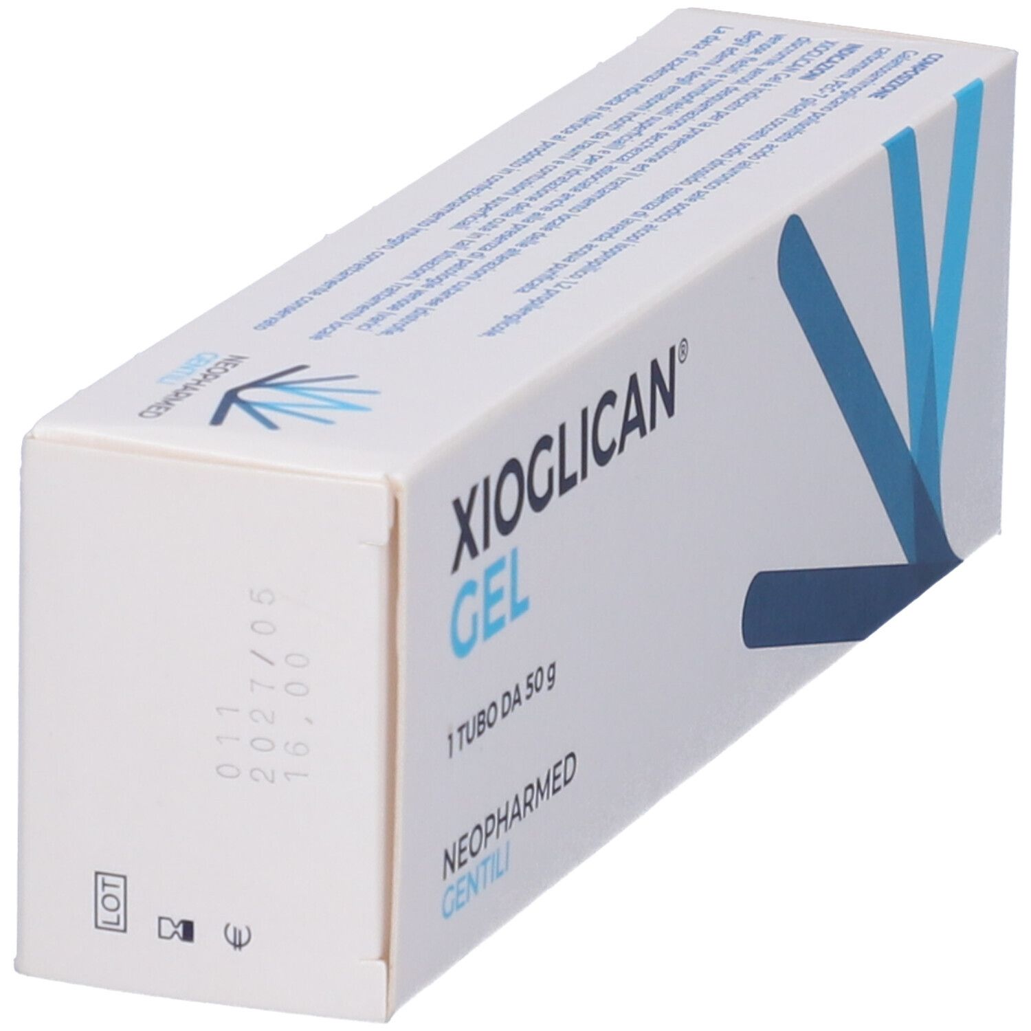 Scatola bianca con logo e testo blu. Contiene Xioglican Gel, 50 g. Marchio Neopharmed Gentili. Vista obliqua.