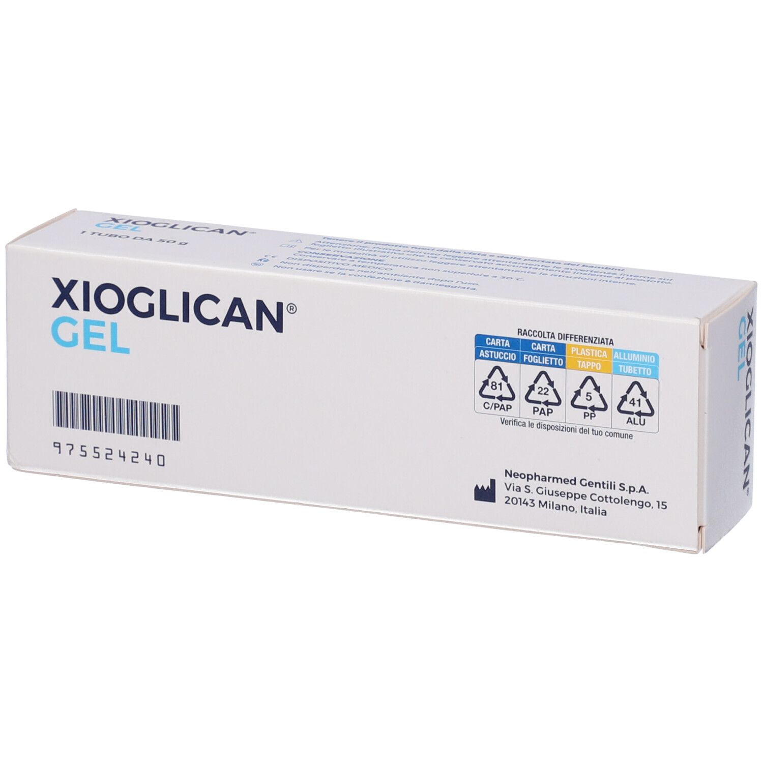 Scatola bianca con logo e testo blu. Contiene Xioglican Gel, 50 g. Marchio Neopharmed Gentili. Con simboli di riciclaggio.