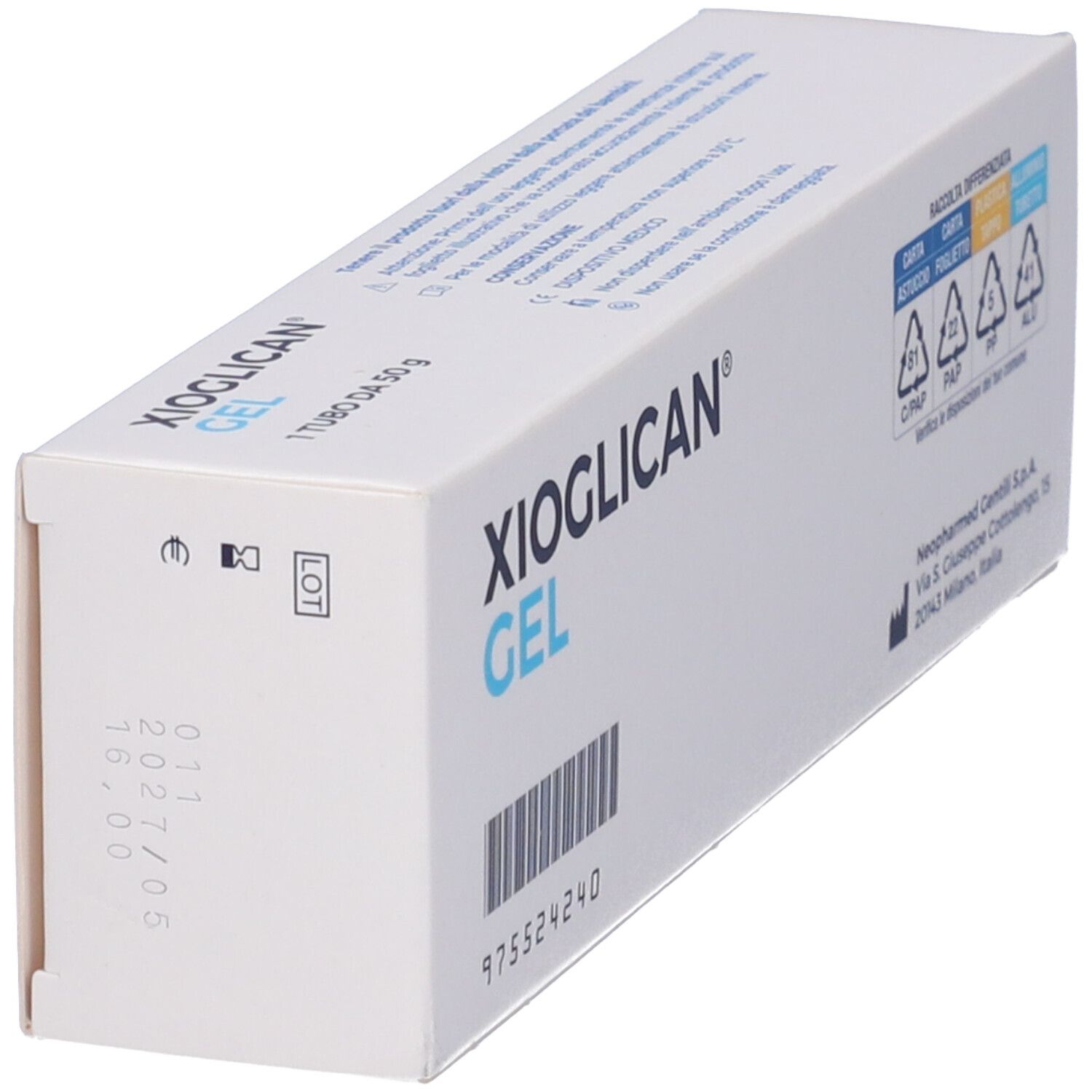 Scatola bianca con logo e testo blu. Contiene Xioglican Gel, 50 g. Marchio Neopharmed Gentili. Con simboli di riciclaggio.