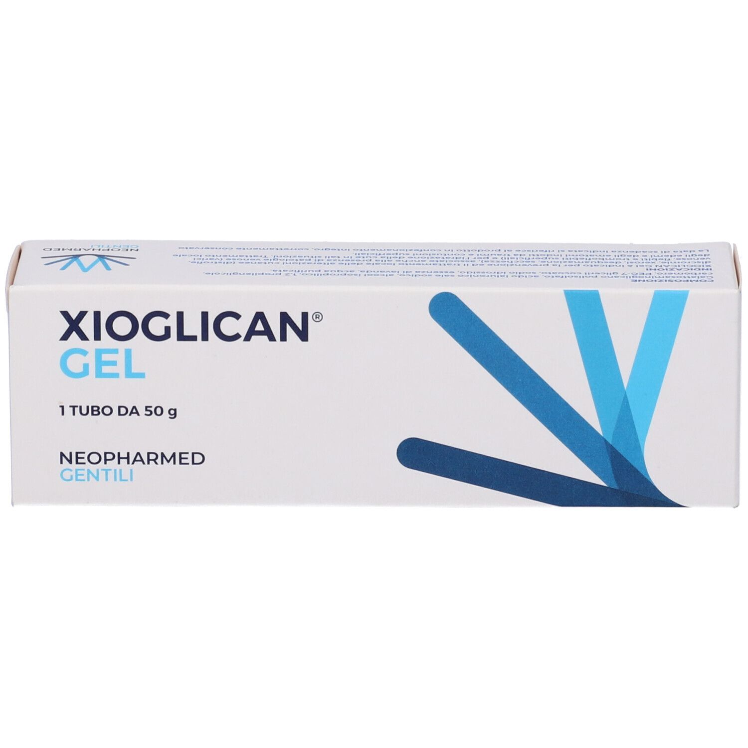 Scatola bianca con logo e testo blu. Contiene Xioglican Gel, 50 g. Marchio Neopharmed Gentili.
