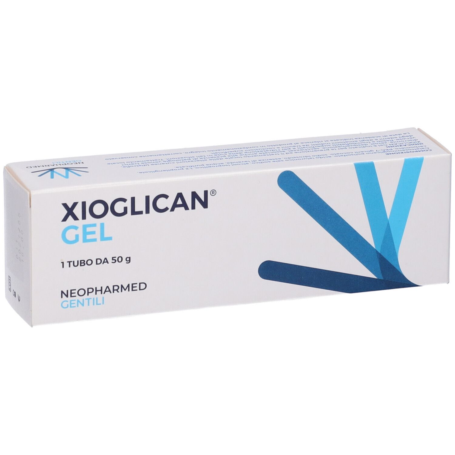 Scatola bianca con logo e testo blu. Contiene Xioglican Gel, 50 g. Marchio Neopharmed Gentili.