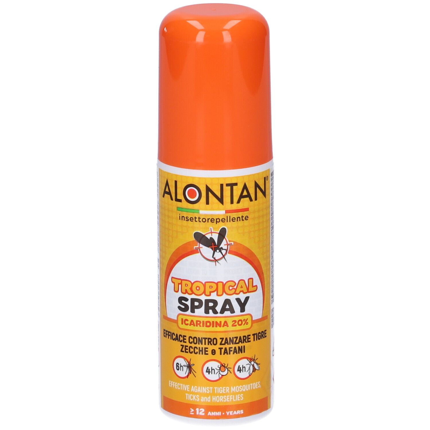 Flacone spray arancione. Scritta: Alontan Tropical Spray. Contiene Icaridina 20%. Efficace contro zanzare e zecche.