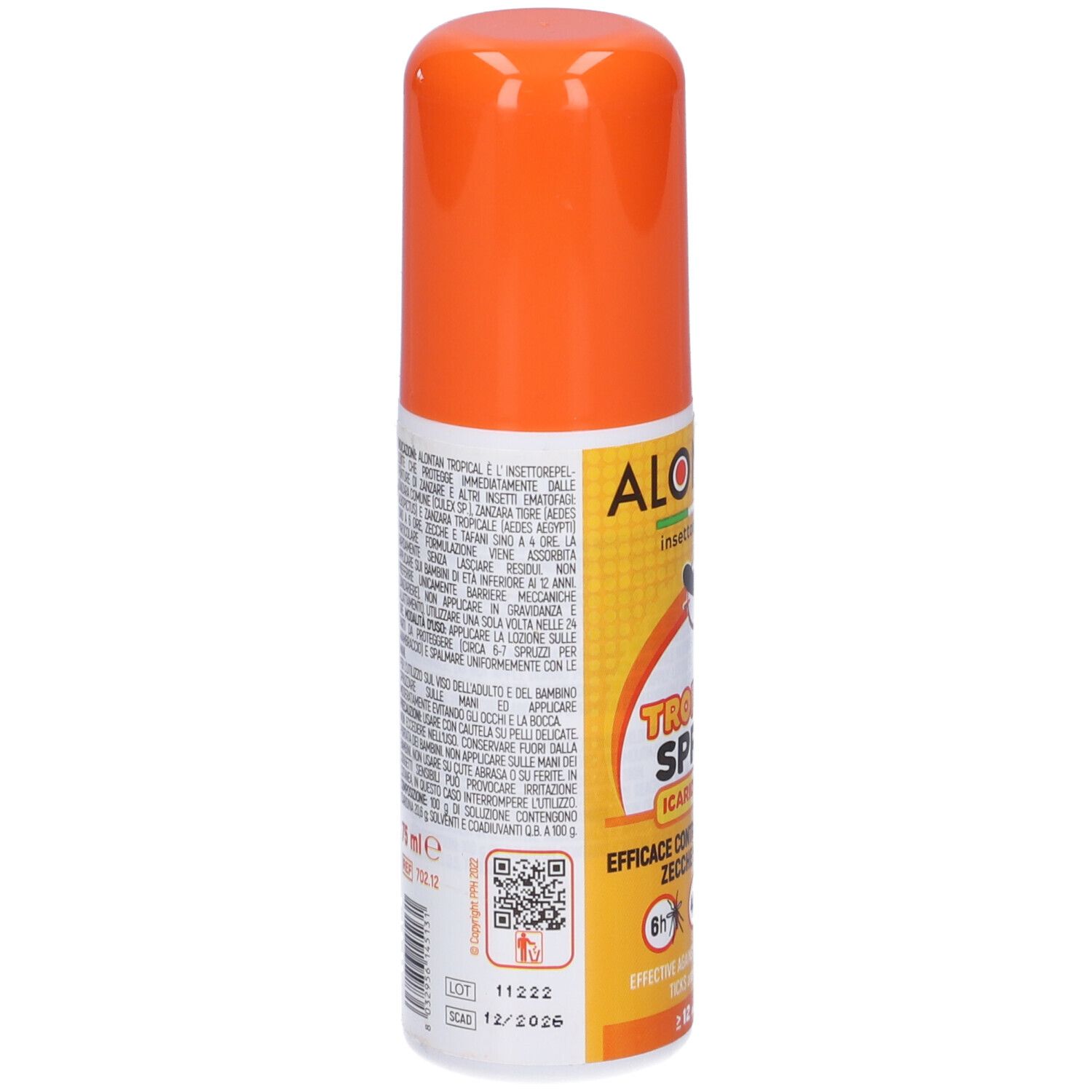 Flacone spray arancione. Retro con testo. Contiene informazioni sull'uso e gli ingredienti. Codice QR.