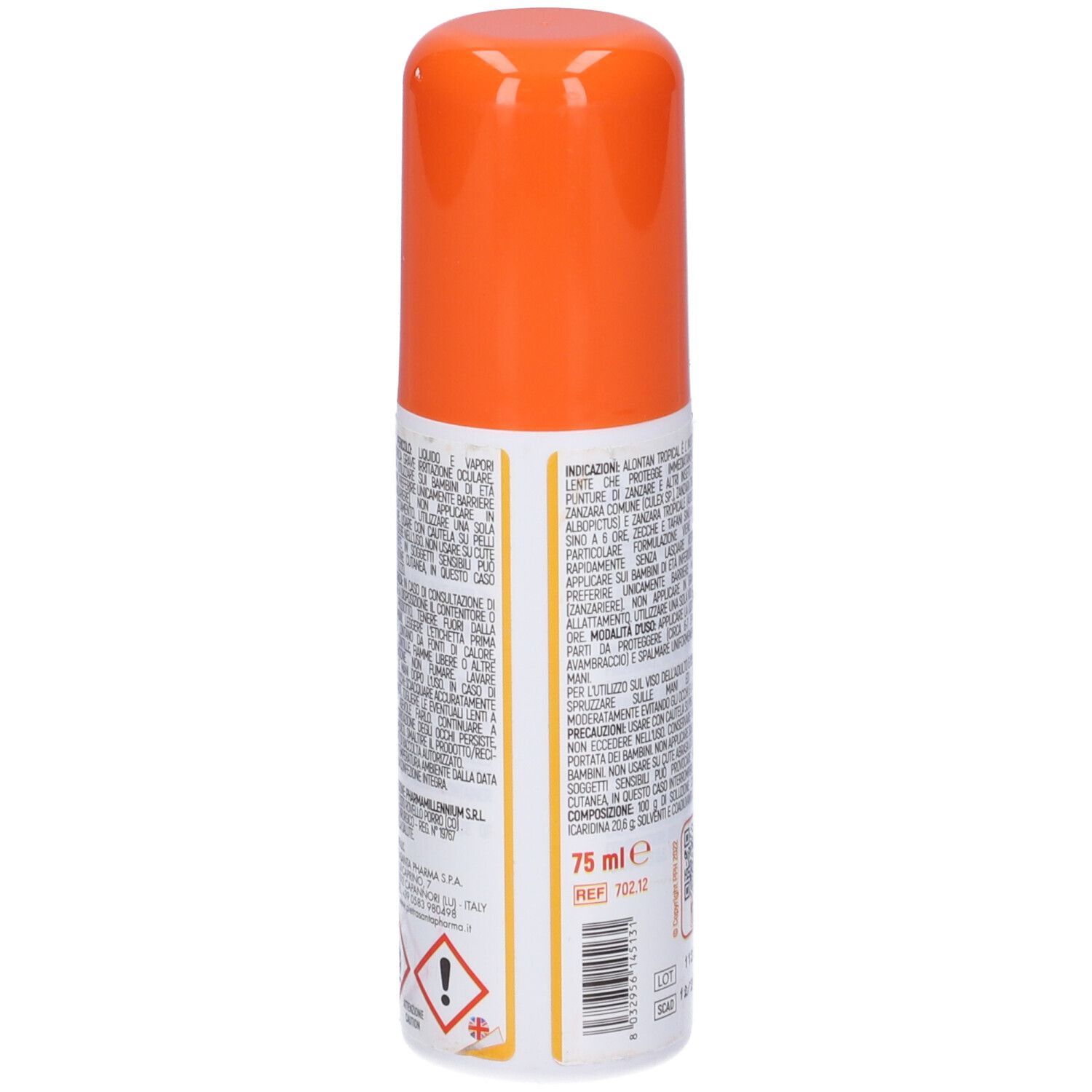 Flacone spray arancione. Retro con testo. Contiene informazioni sull'uso e gli ingredienti. Avvertenze.