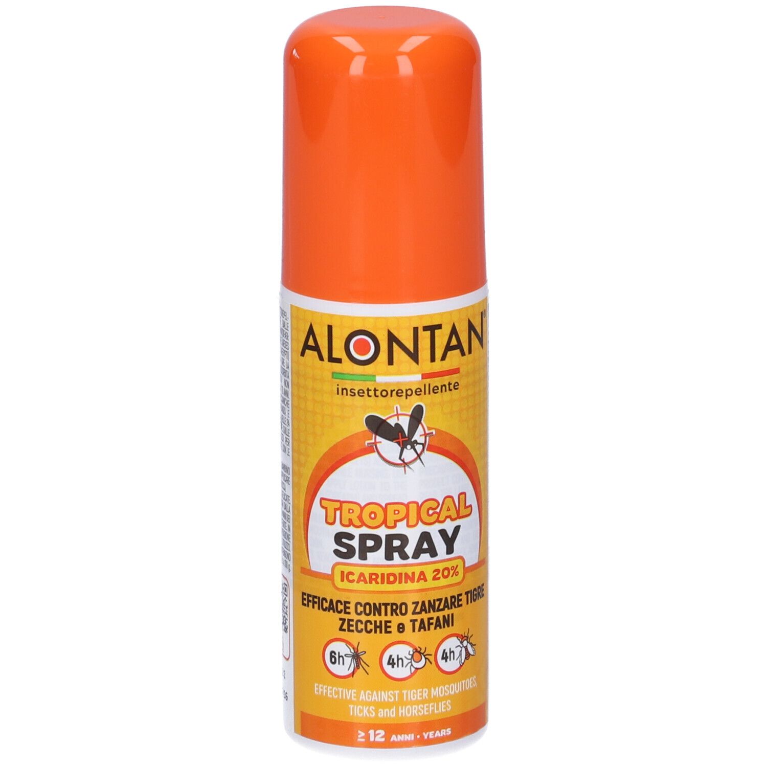 Flacone spray arancione. Scritta: Alontan Tropical Spray. Contiene Icaridina 20%. Efficace contro zanzare e zecche.