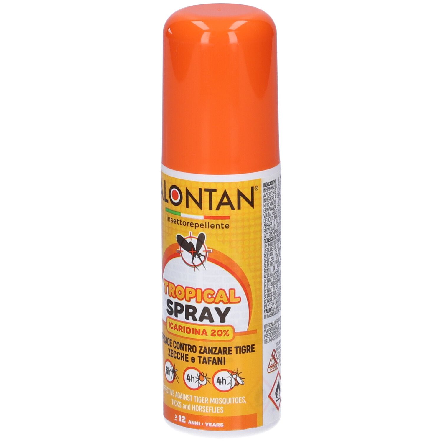 Flacone spray arancione. Scritta: Alontan Tropical Spray. Contiene Icaridina 20%. Efficace contro zanzare e zecche.