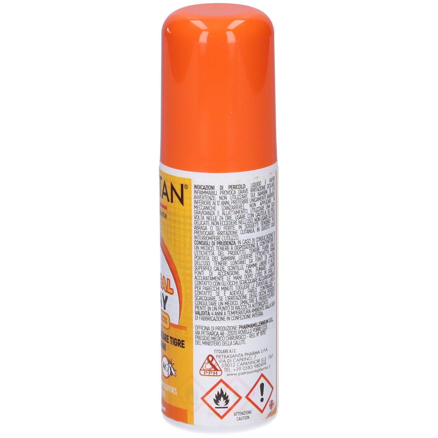 Flacone spray arancione. Retro con testo. Contiene informazioni sull'uso e gli ingredienti. Avvertenze.