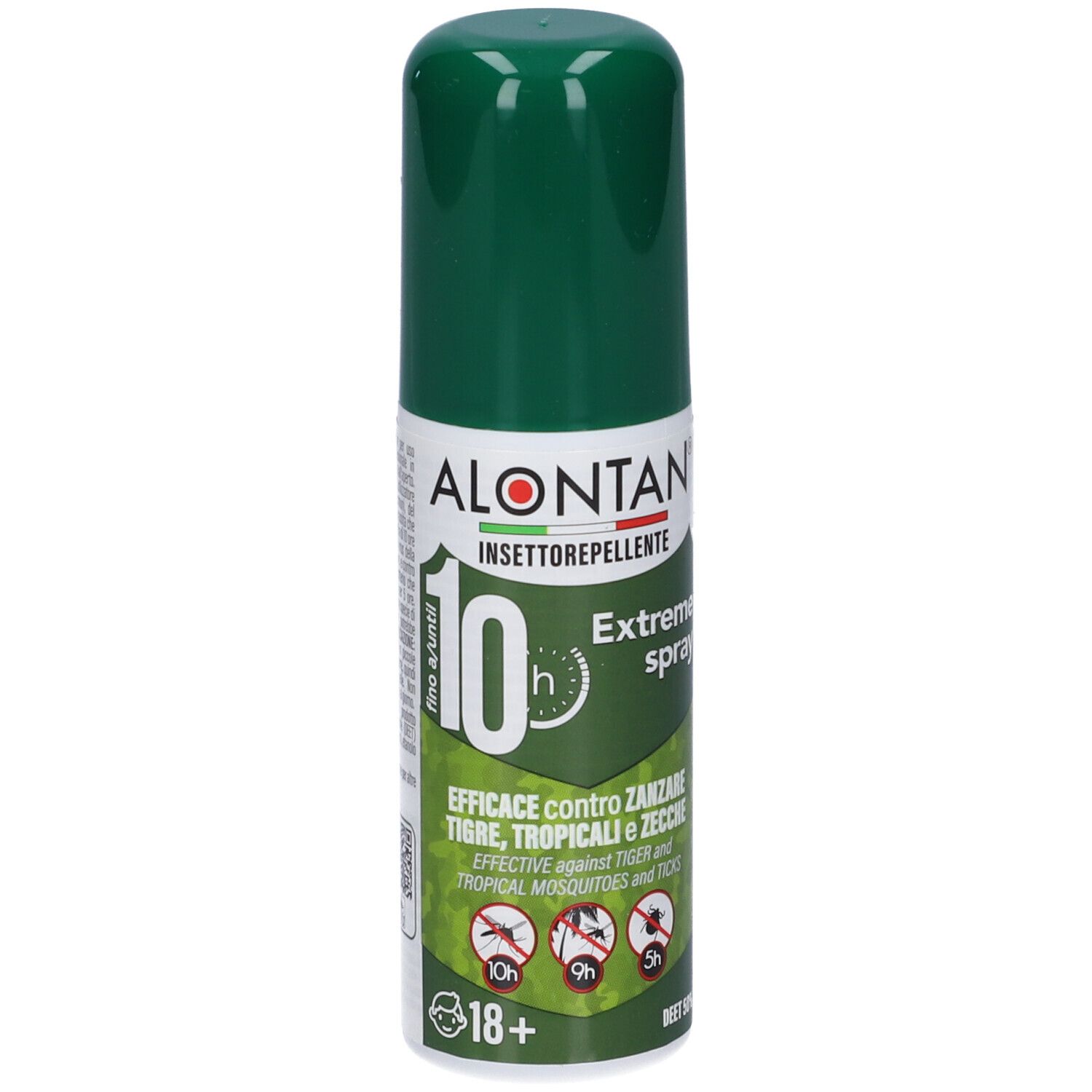 Flacone spray verde con etichetta bianca. Scritta: ALONTAN Insettorepellente, spray estremo. Efficace contro zanzare e zecche.