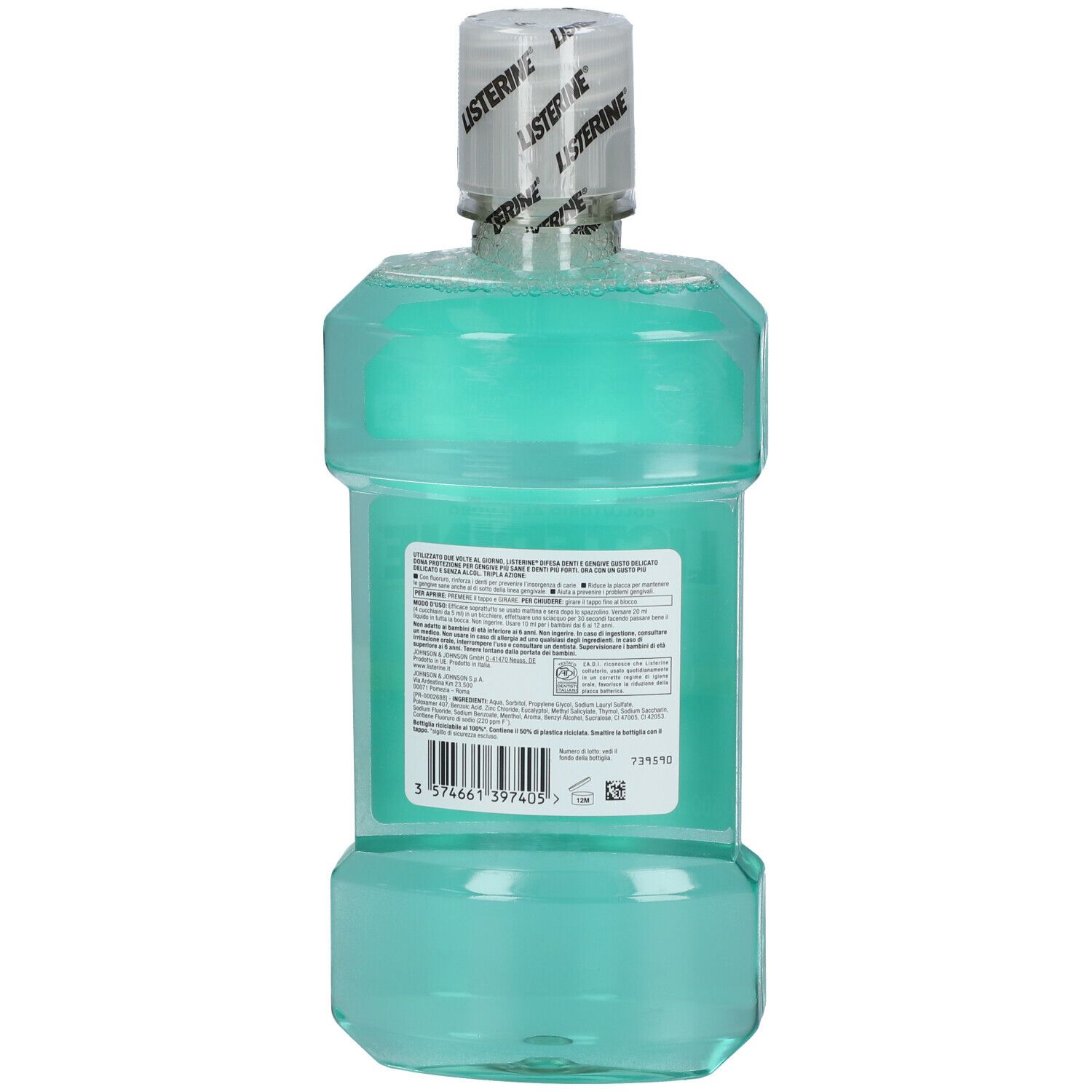 Rückseite der LISTERINE® Flasche. Text und Barcode sichtbar.