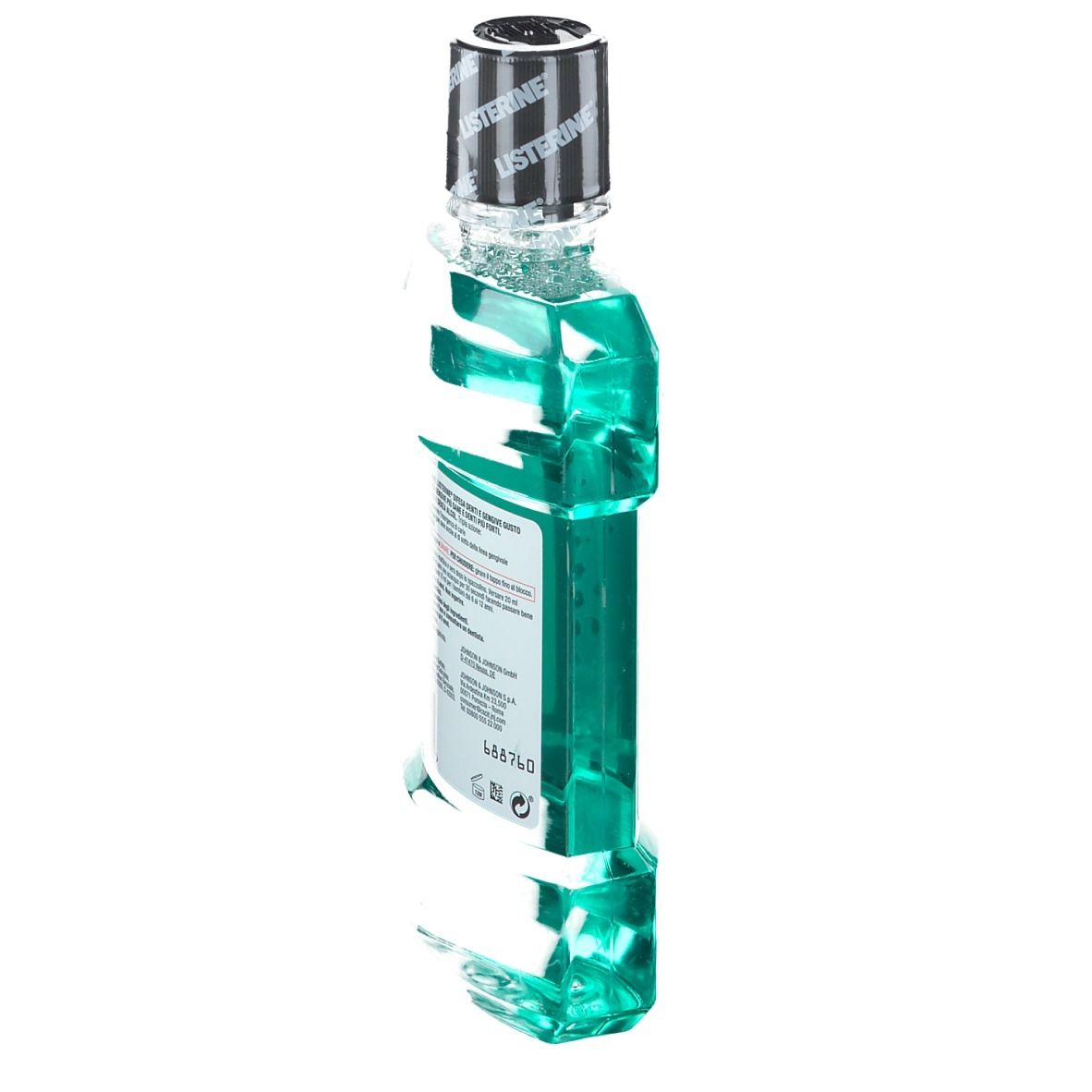 Rückseite der LISTERINE® Flasche. Text und Barcode sichtbar.