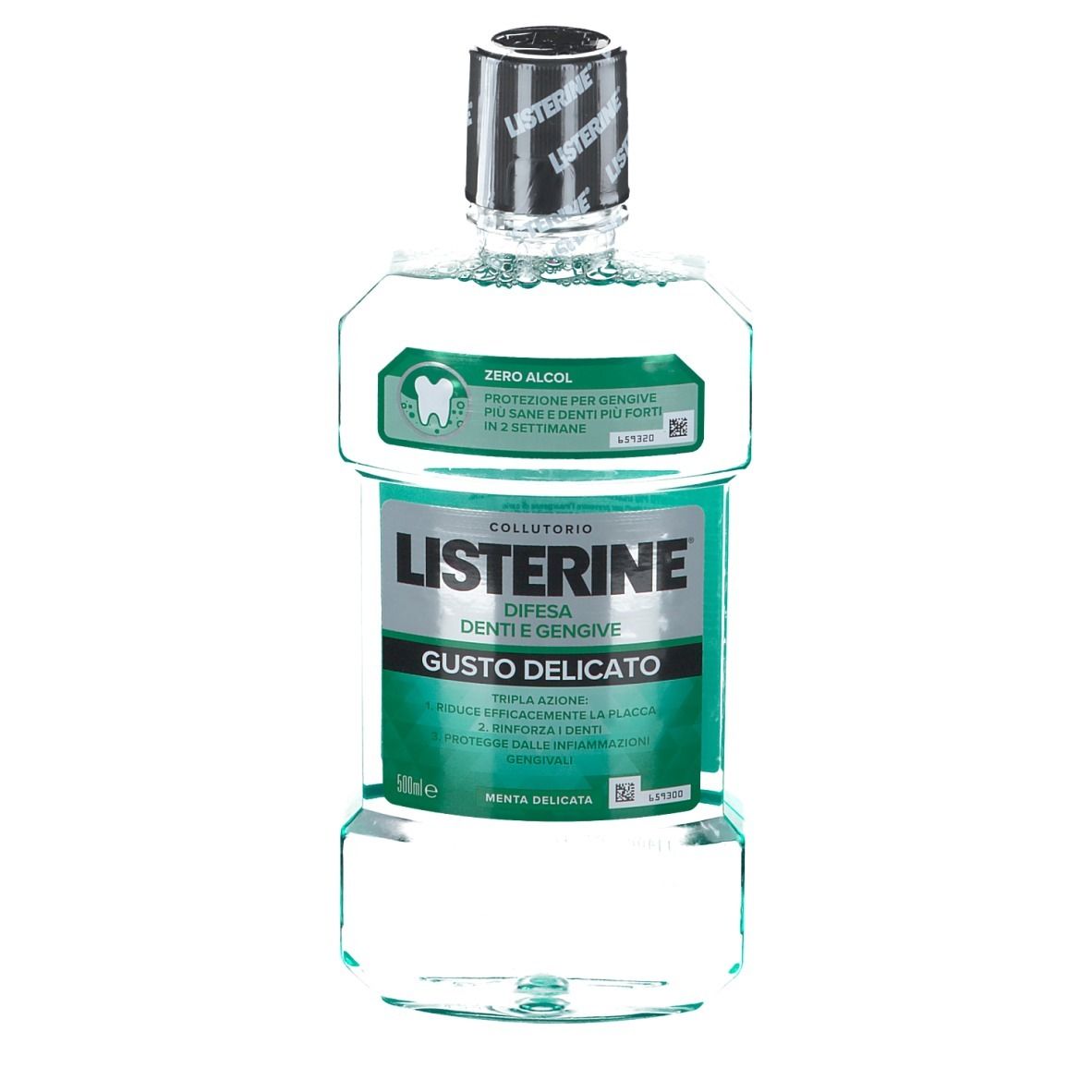LISTERINE® Flasche, 500ml. Text: Difesa Denti e Gengive, Geschmack: delicato. Ohne Alkohol.
