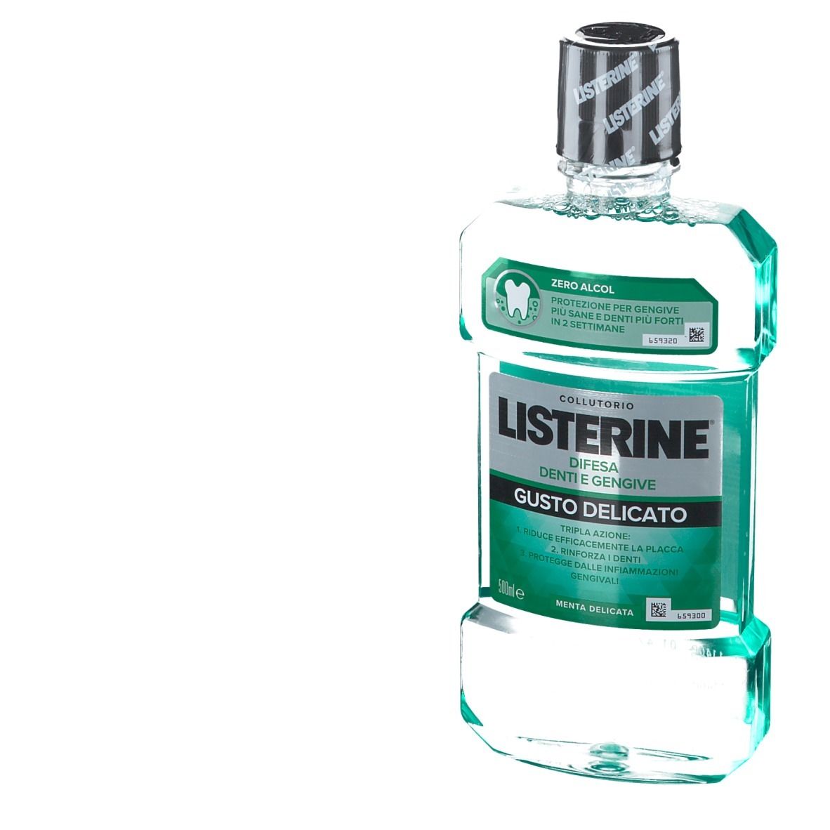 LISTERINE® Flasche, 500ml. Text: Difesa Denti e Gengive, Geschmack: delicato. Ohne Alkohol.