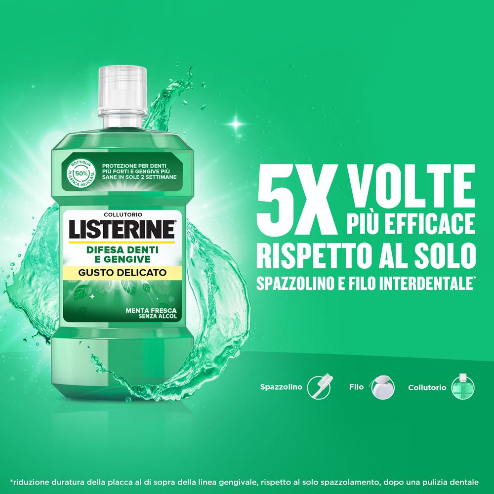 LISTERINE® Flasche mit Wasser-Effekt. Text: 5x effektiver als Zähneputzen und Zahnseide. Difesa Denti e Gengive.