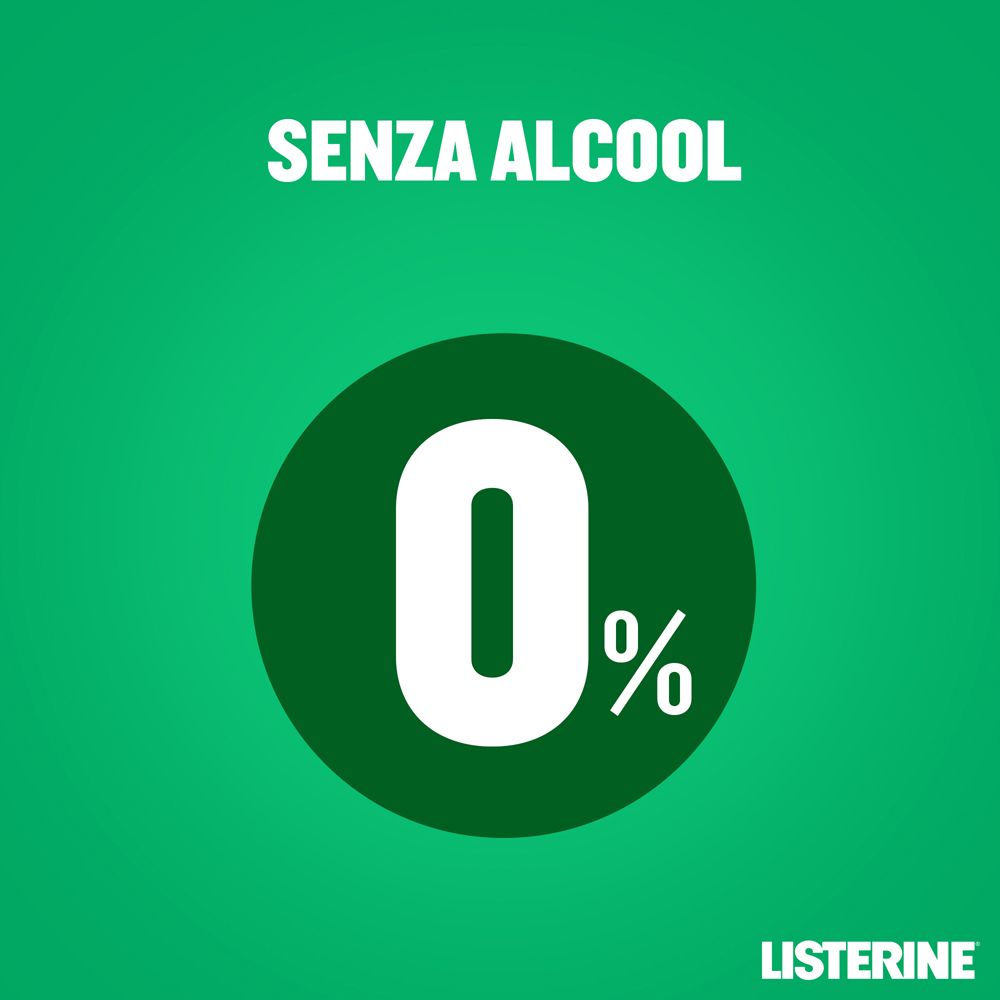 Grüner Hintergrund mit Text: Ohne Alkohol. 0%. LISTERINE® Logo.