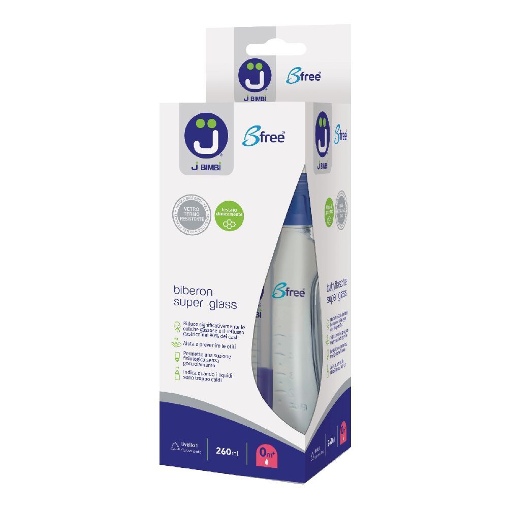 Biberon in confezione. Scritte: J Bimbi, Bfree, biberon super glass. Capacità: 260 ml.