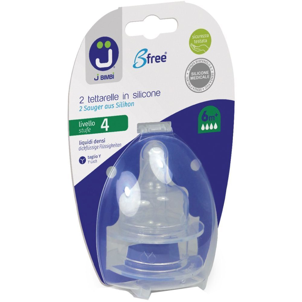 Due tettarelle in silicone in confezione blister. Scritte: J Bimbi, B free, 6m, livello 4. Taglio a Y per liquidi densi.