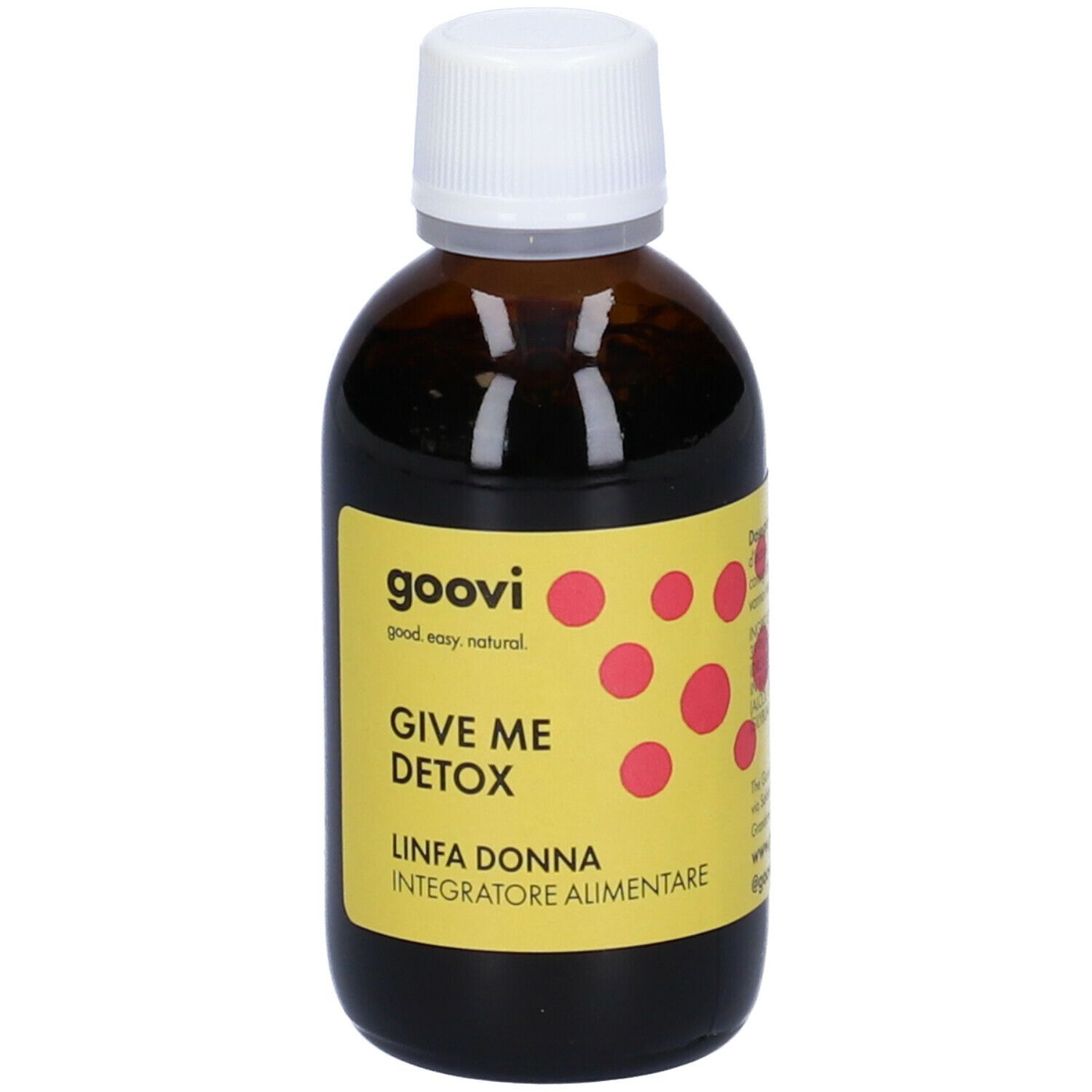 Flacone di vetro marrone con tappo bianco. Scritta: Goovi Give Me Detox, Linfa Donna, Integratore Alimentare. Etichetta gialla.
