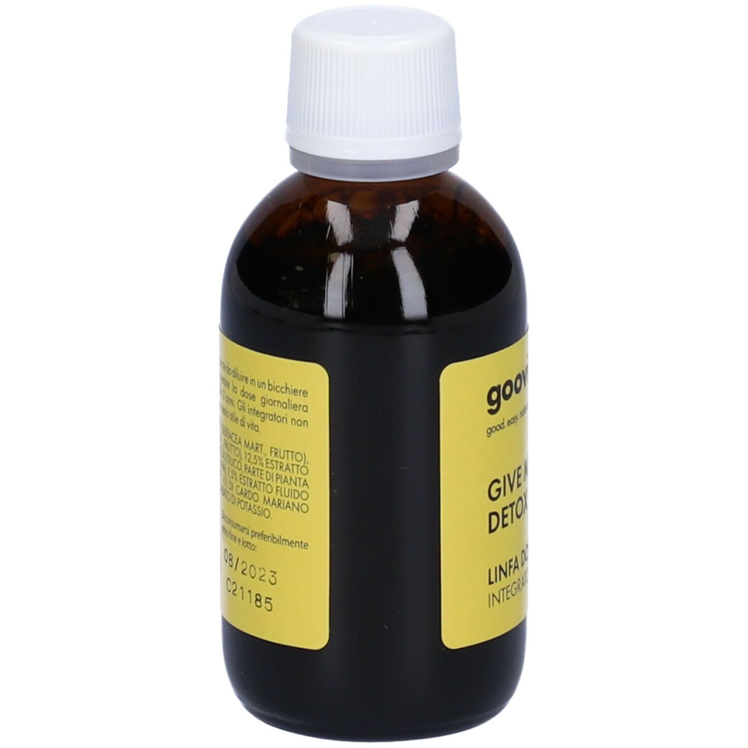 Flacone di vetro marrone con tappo bianco. Etichetta gialla con informazioni sul prodotto. Scritta: Goovi Give Me Detox, Linfa Donna.