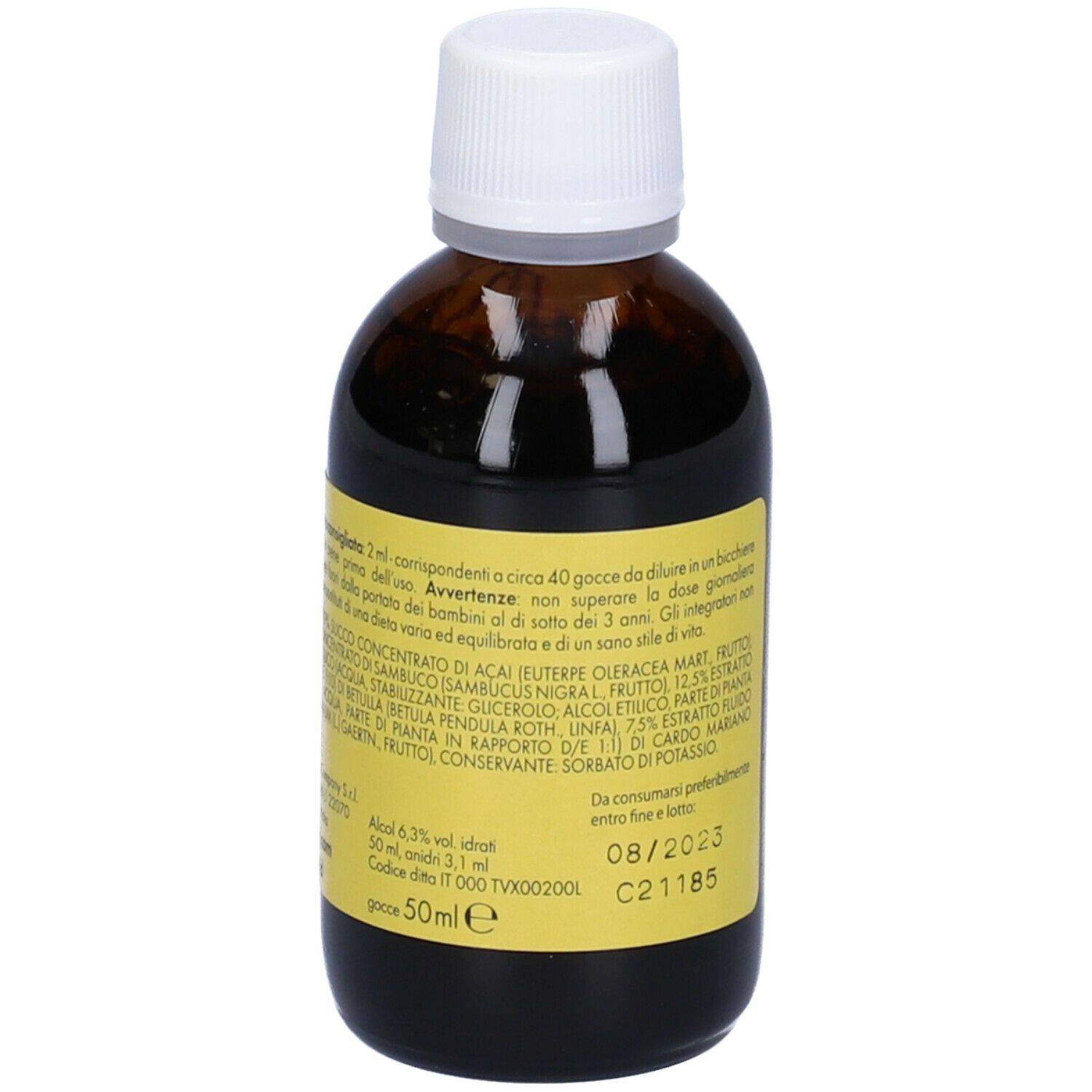 Flacone di vetro marrone con tappo bianco. Etichetta gialla con informazioni sul prodotto. Scritta: Goovi Give Me Detox, Linfa Donna. 50 ml.