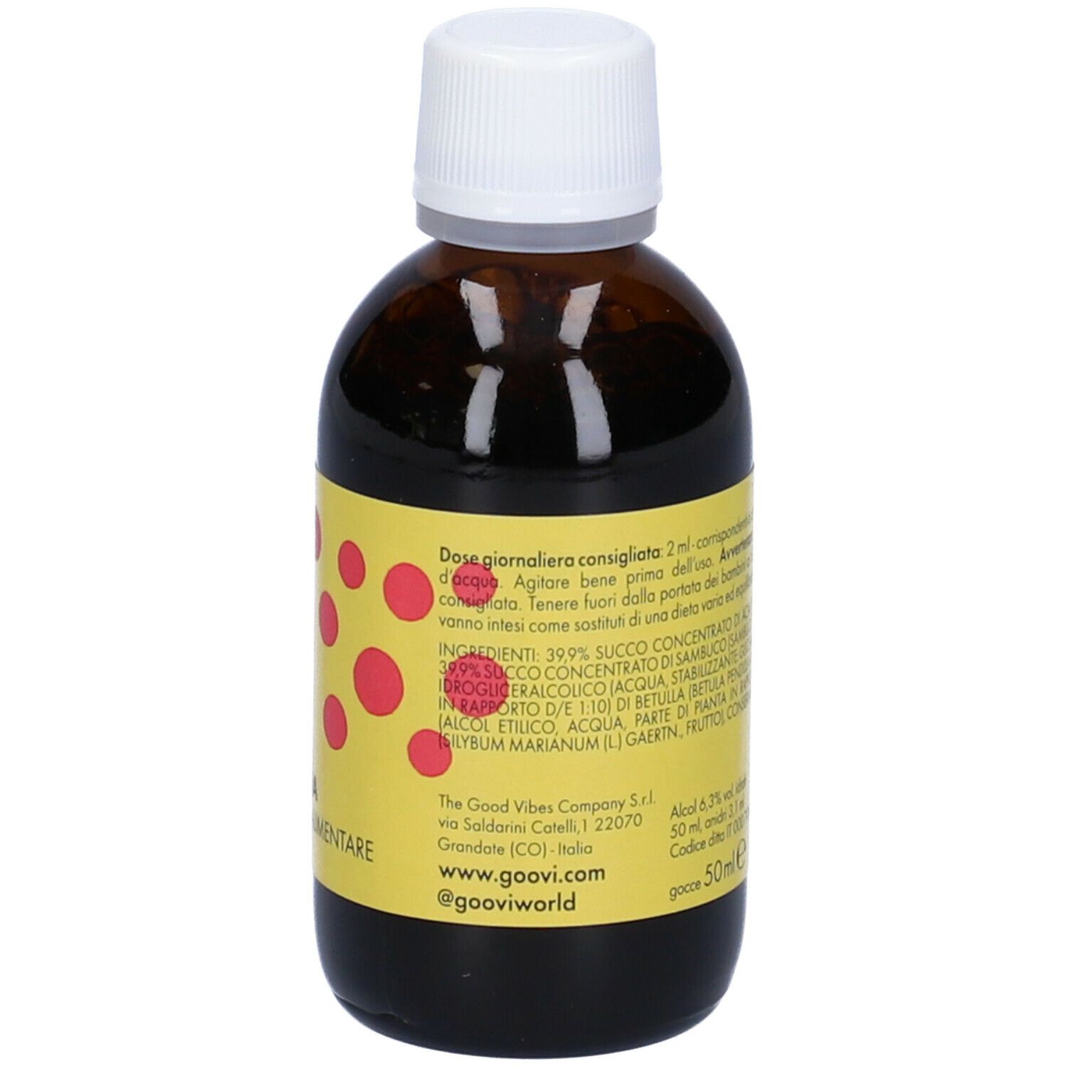 Flacone di vetro marrone con tappo bianco. Etichetta gialla con informazioni sul prodotto. Scritta: Goovi Give Me Detox, Linfa Donna. 50 ml.