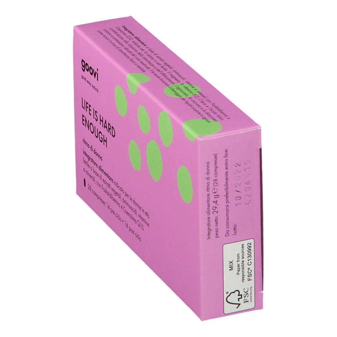 Scatola rosa con cerchi verdi. Scritta: Goovi, Life is Hard Enough, Ritmo di Donna. 28 compresse.