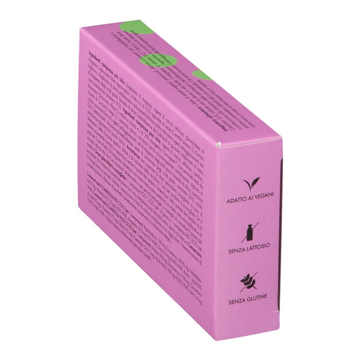 Scatola rosa con cerchi verdi. Scritta: Goovi, Life is Hard Enough, Ritmo di Donna. Vegano, senza lattosio, senza glutine.