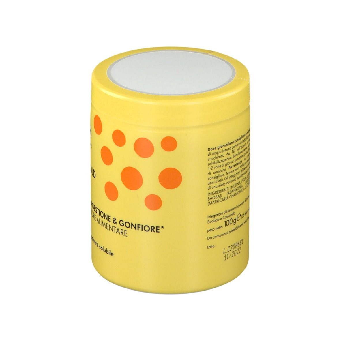 Gelbe Dose mit Goovi-Logo und Text: MY GOLD ELIXIR. Kräutertee mit Inulin. 100g Pulver. Vegan, laktose- und glutenfrei.
