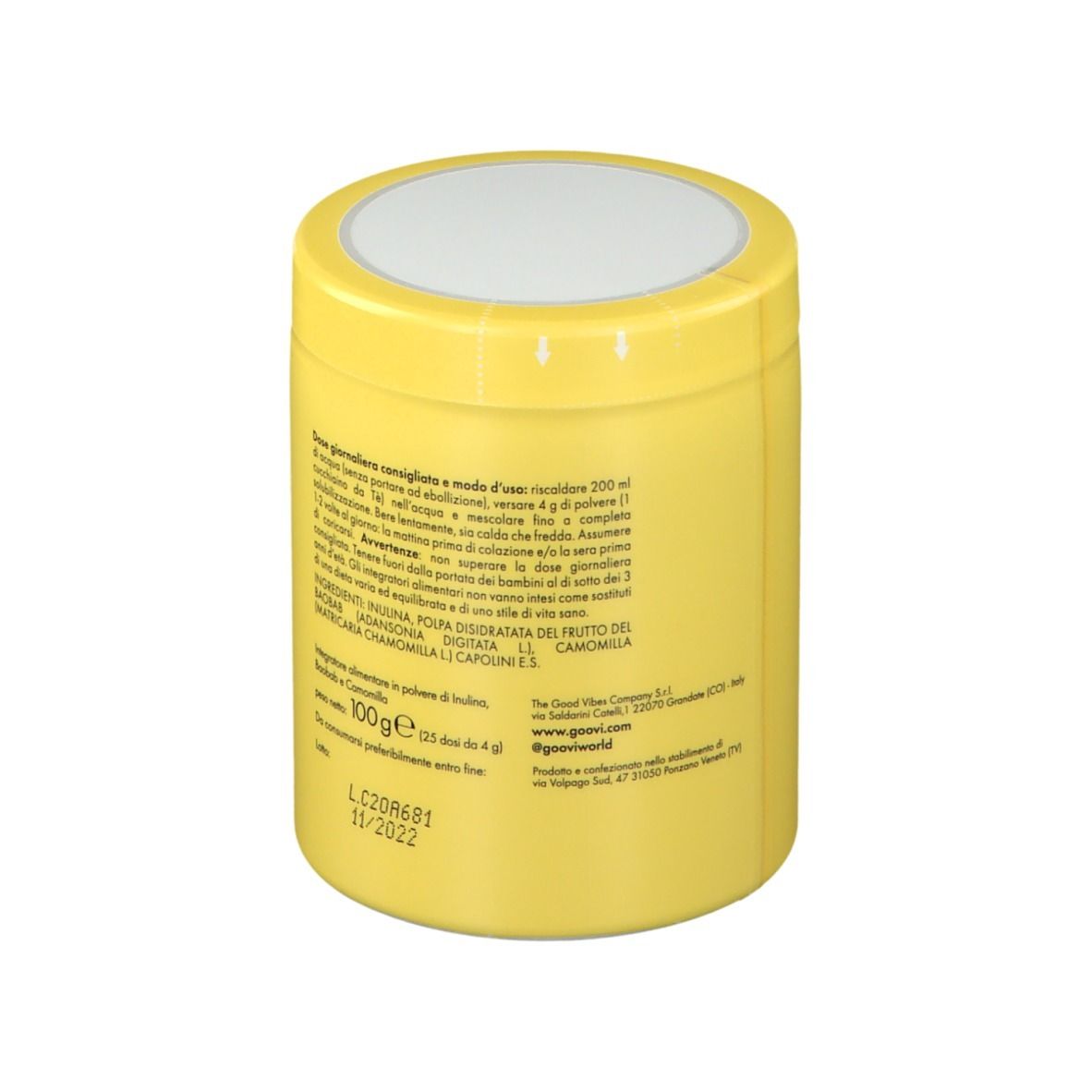 Gelbe Dose mit Goovi-Logo und Text: MY GOLD ELIXIR. Kräutertee mit Inulin. 100g Pulver. Vegan, laktose- und glutenfrei.
