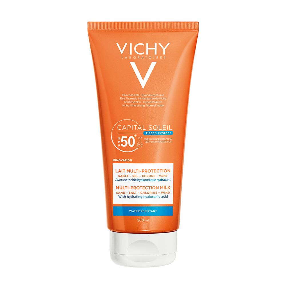 Tubo arancione con tappo bianco. Scritte: VICHY, CAPITAL SOLEIL, SPF 50+. Nome del prodotto e ingredienti visibili.