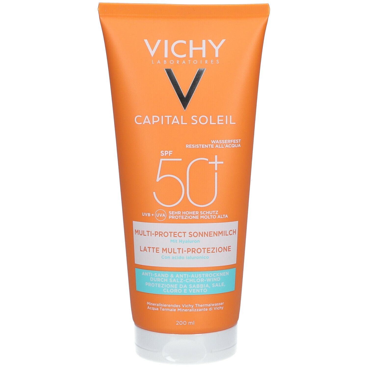 Tubo arancione con tappo bianco. Scritte: VICHY, CAPITAL SOLEIL, SPF 50+. Nome del prodotto multilingue.