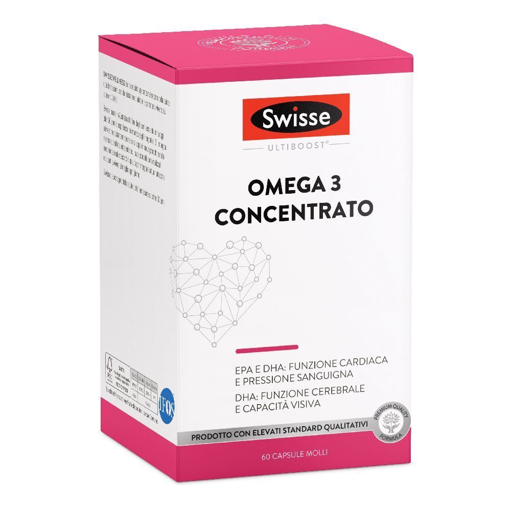 Scatola Swisse Omega 3 Concentrato. Coperchio rosso, sfondo bianco. Testo: Omega 3 Concentrato, EPA & DHA, 60 capsule.