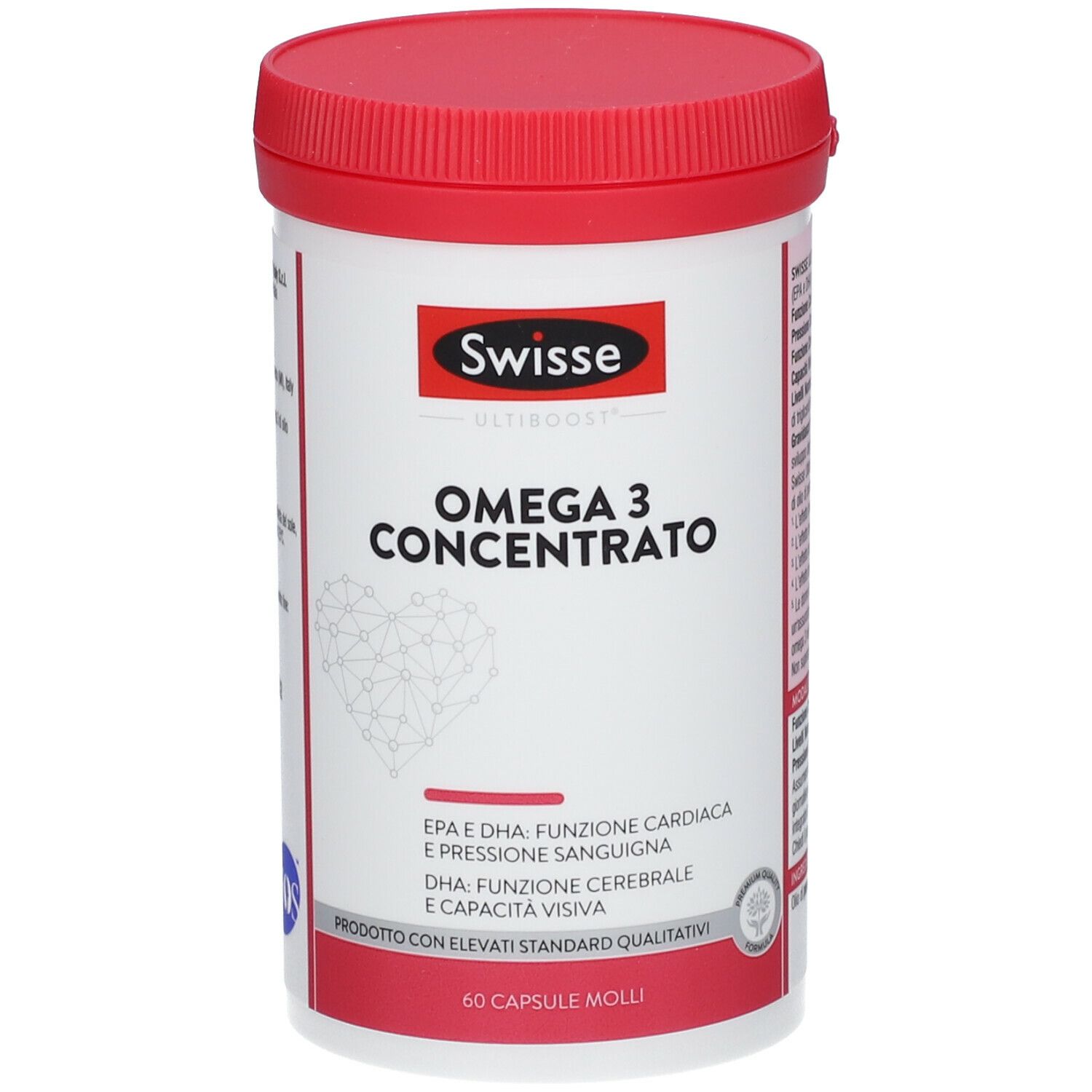 Flacone Swisse Omega 3 Concentrato con coperchio rosso. Sfondo bianco. Testo: Omega 3 Concentrato, EPA & DHA, 60 capsule.
