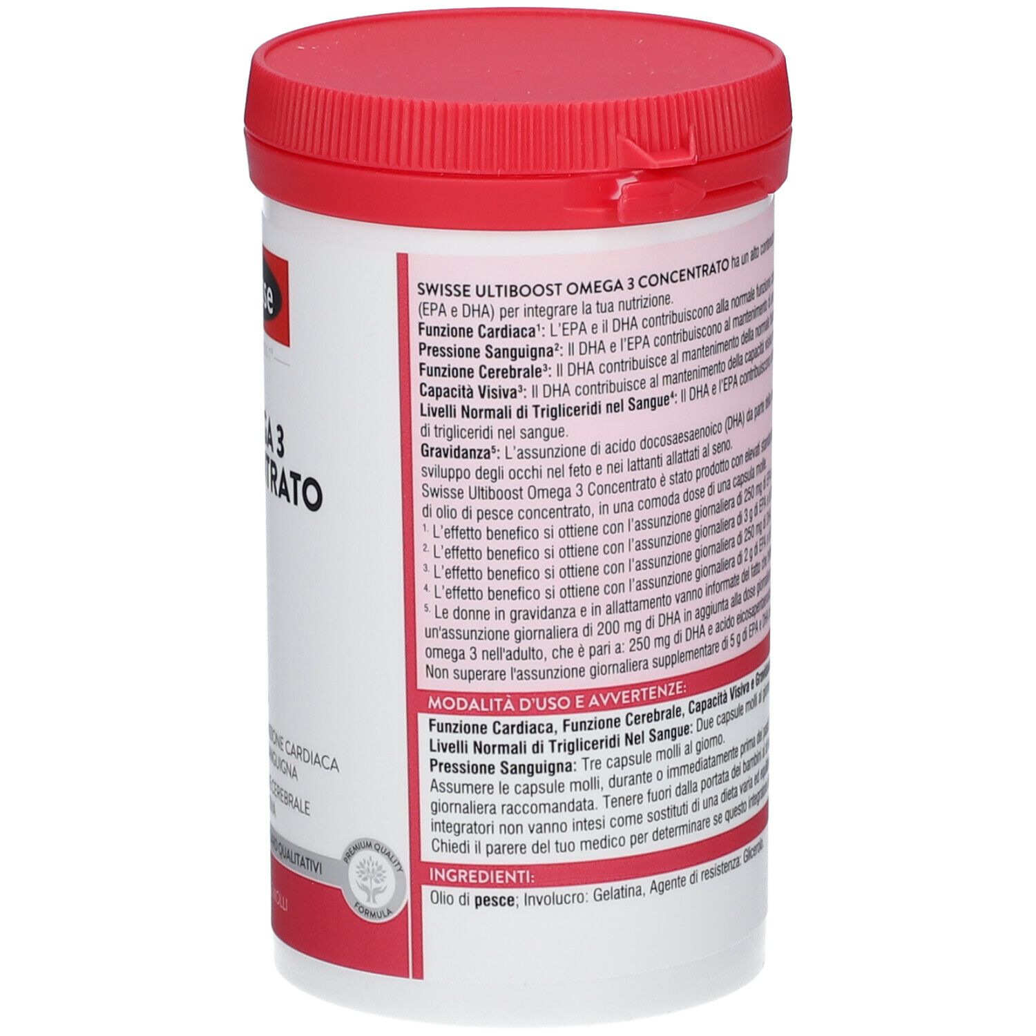 Retro del flacone Swisse Omega 3 Concentrato. Testo: istruzioni per l'uso, ingredienti, avvertenze.