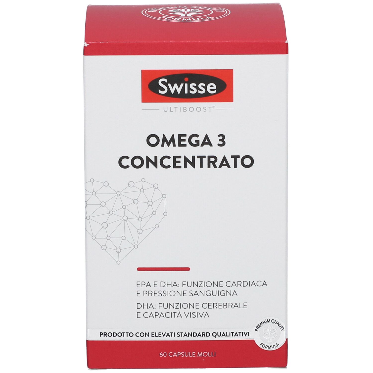 Scatola Swisse Omega 3 Concentrato. Coperchio rosso, sfondo bianco. Testo: Omega 3 Concentrato, EPA & DHA, 60 capsule.
