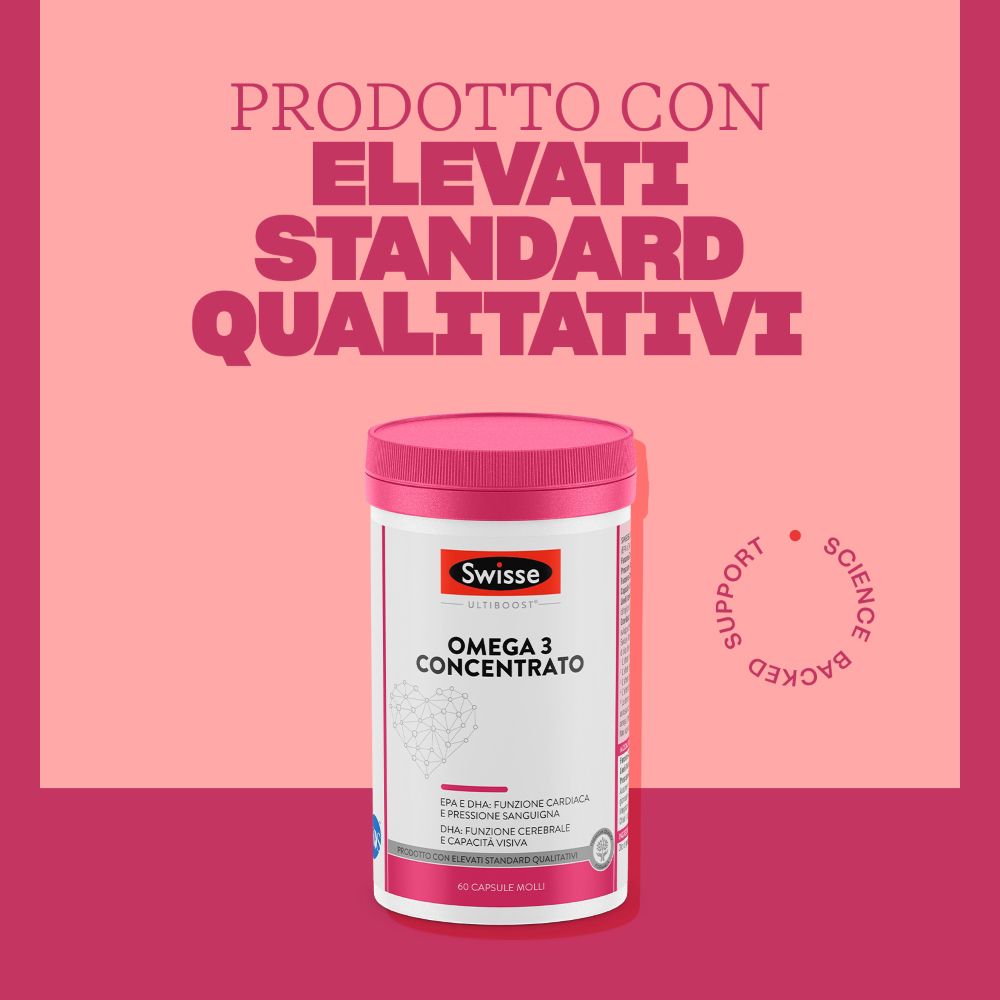 Produktflasche mit rosa Hintergrund. Text: Omega 3 Concentrato. Text: 60 Softgels. IFOS-Zertifizierung.