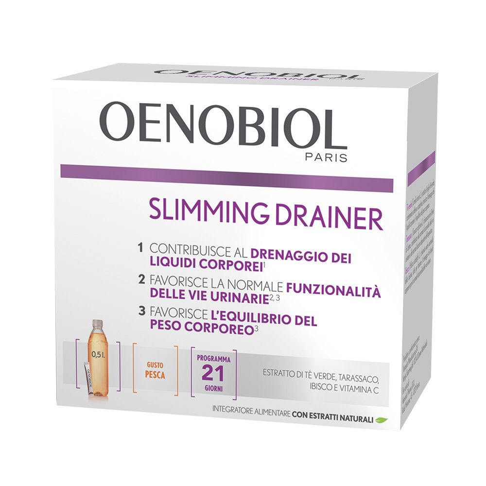 Confezione Oenobiol Slimming Drainer. Bianca con dettagli viola. Include una bottiglia e la scritta 'Slimming Drainer'.